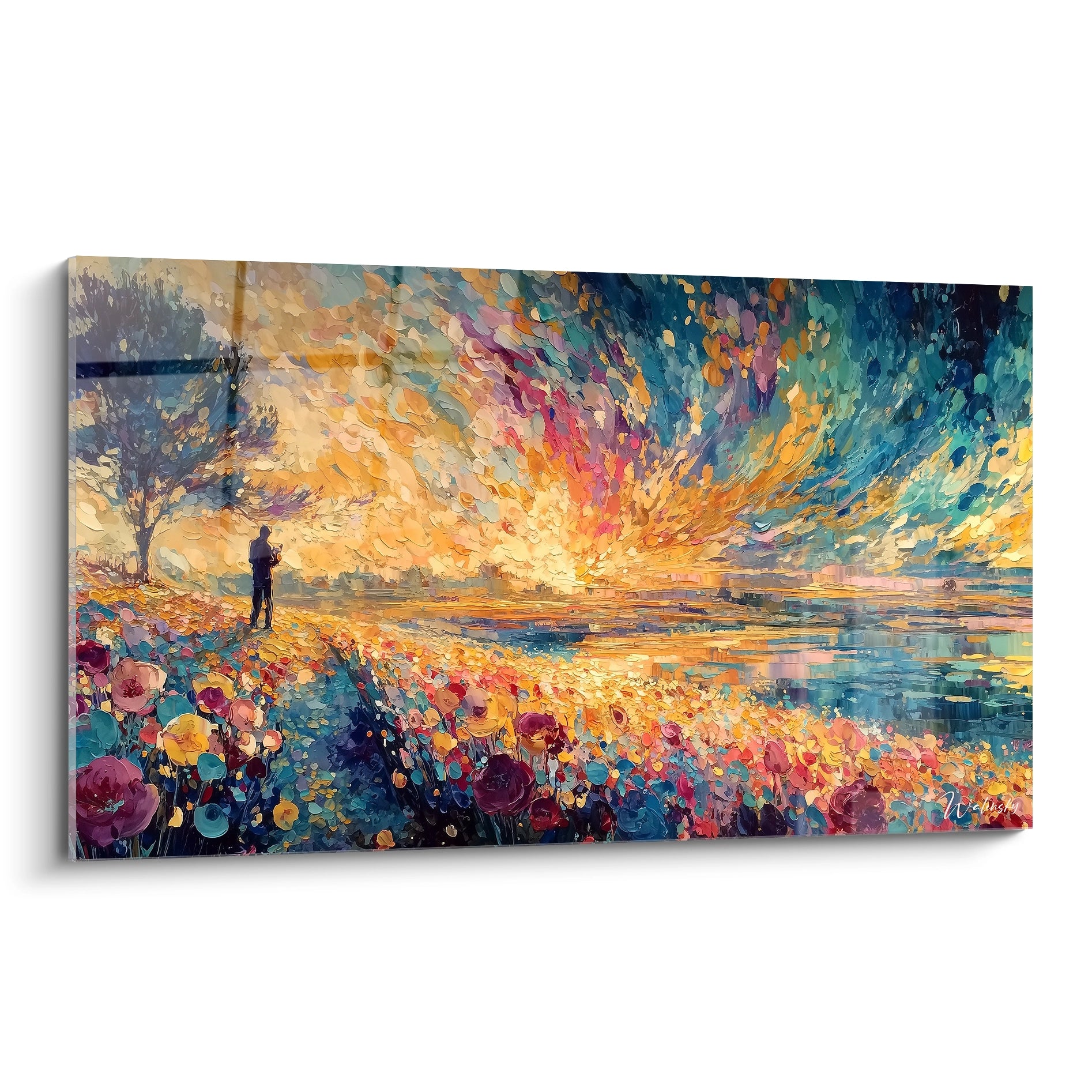 tableau impressionniste paysage Walensky représentant champs de fleurs colorées, promeneur près d'un lac au coucher du soleil