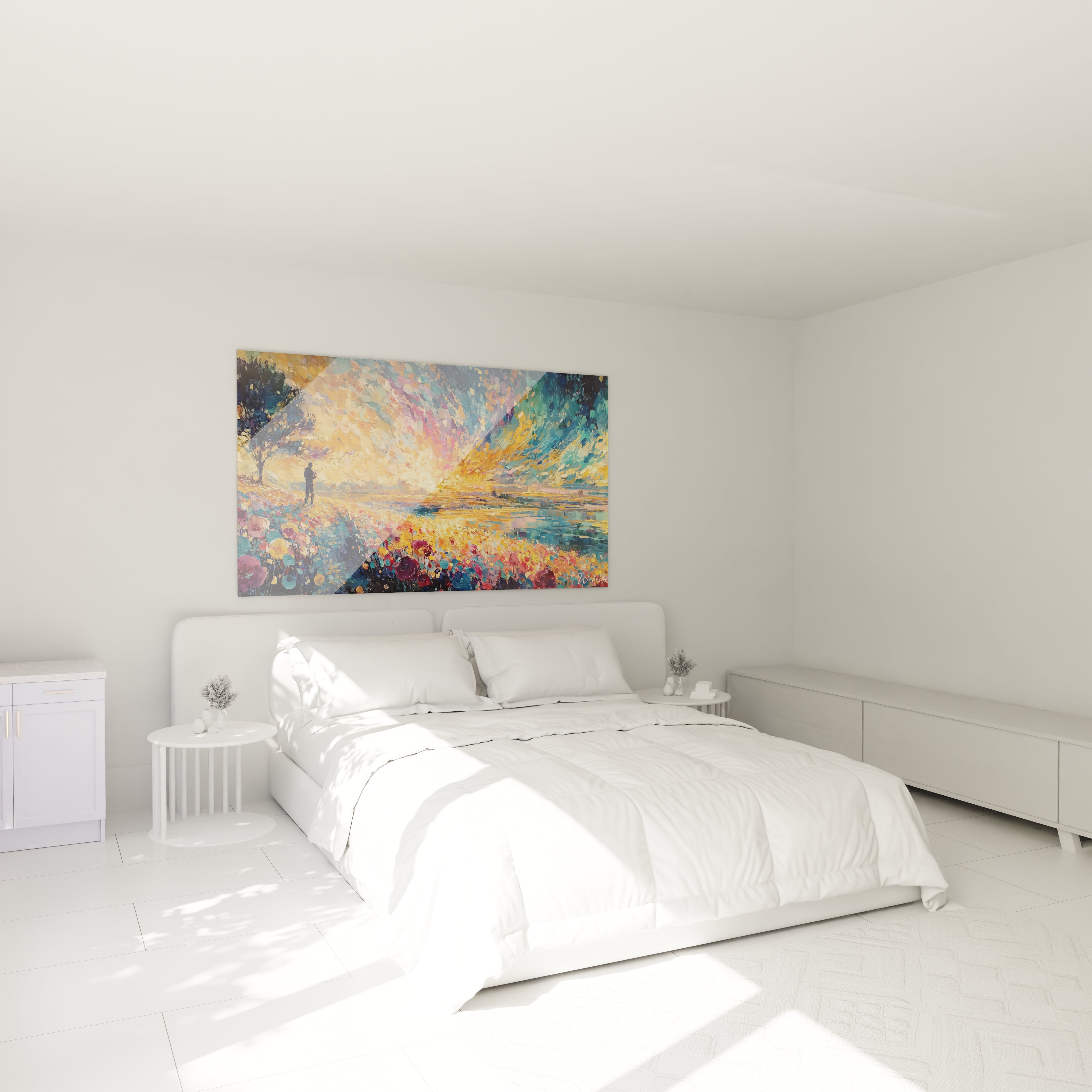 Tableau mural Walensky tableau impressionniste paysage accroché au dessus du lit blanc minimaliste dans une chambre lumineuse