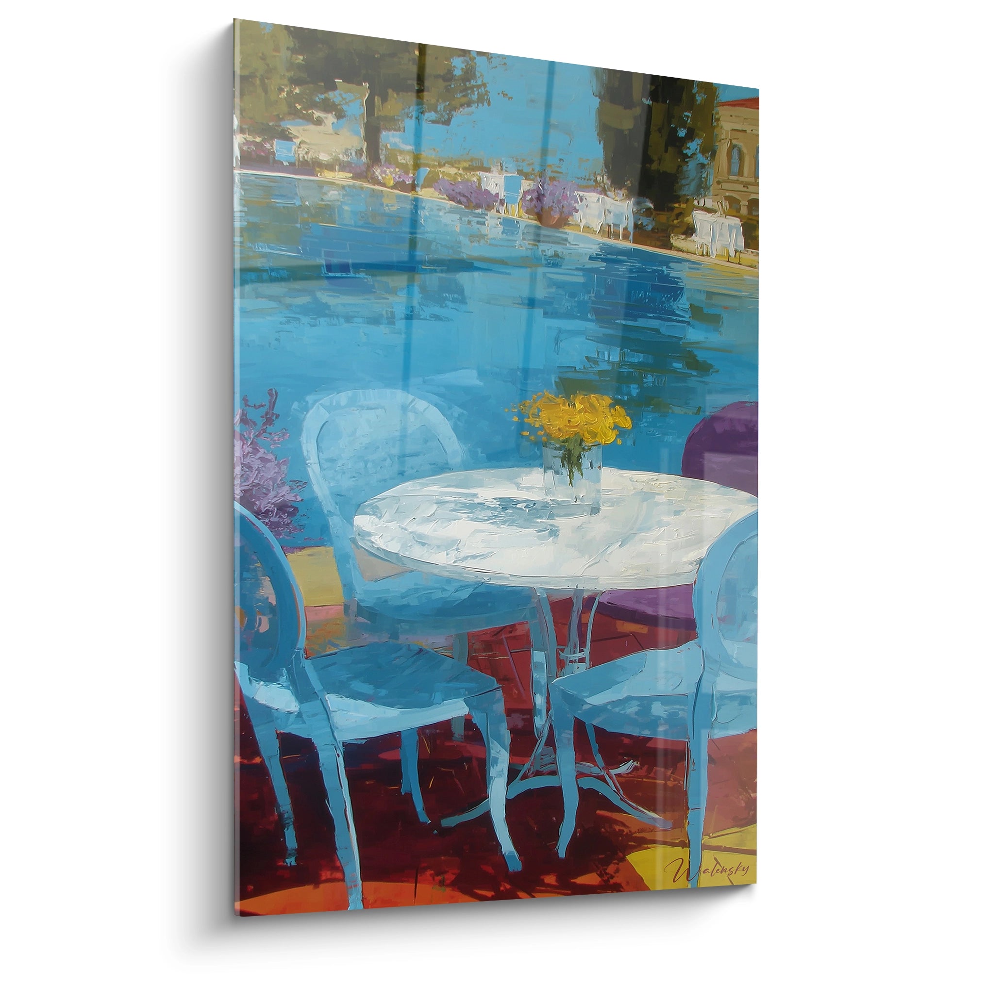 Walensky tableau impressionniste terrasse représentant table ronde et chaises bleues au bord de piscine avec fleurs jaunes