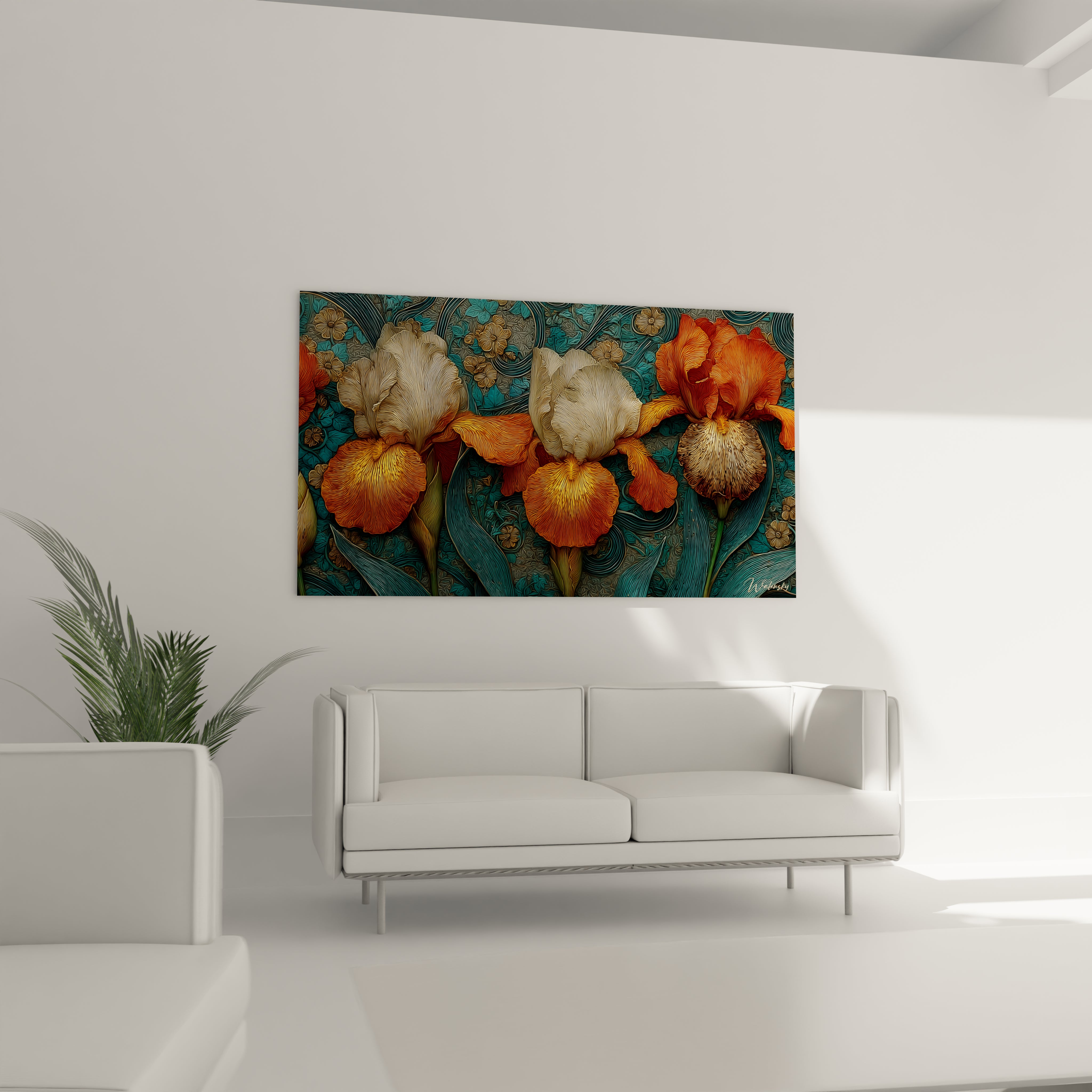 tableau iris art nouveau Walensky accroché au-dessus d'un canapé blanc, fleurs orange et turquoise décoratives