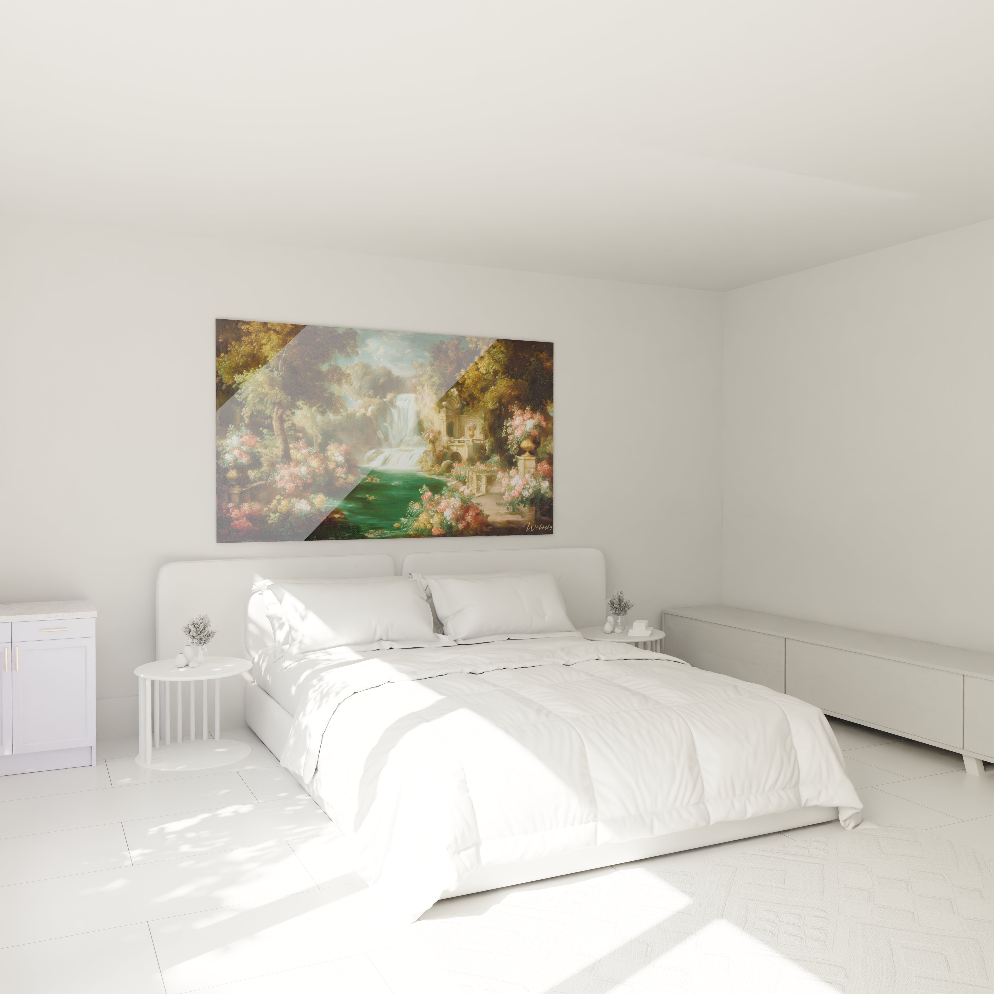 Tableau mural Walensky tableau jardin cascade nacrée au dessus d'un lit blanc minimaliste, décor floral lumineux et apaisant