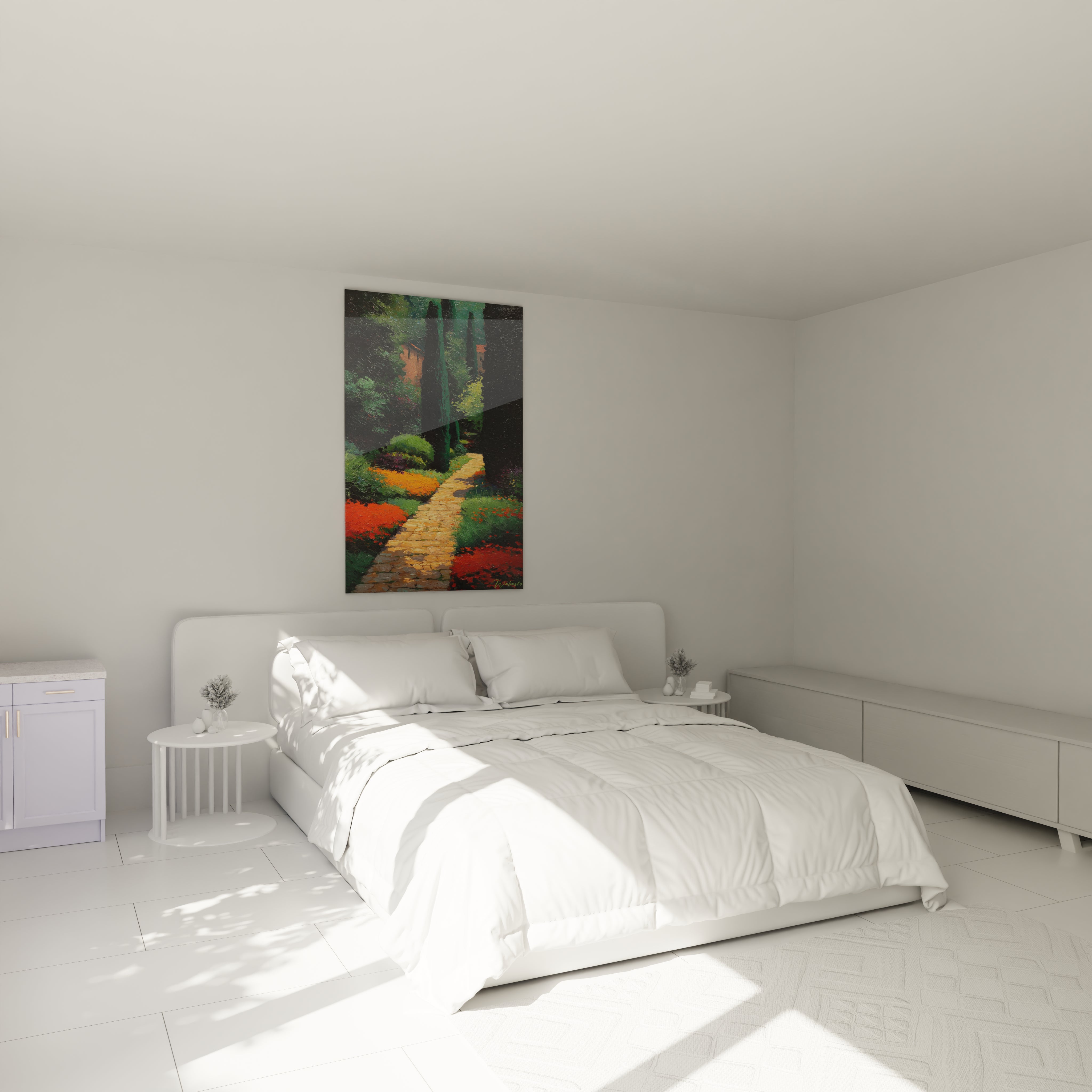 Tableau mural Walensky montrant un jardin aux couleurs vives en pointillisme accroché au dessus du lit tableau jardin pointillisme