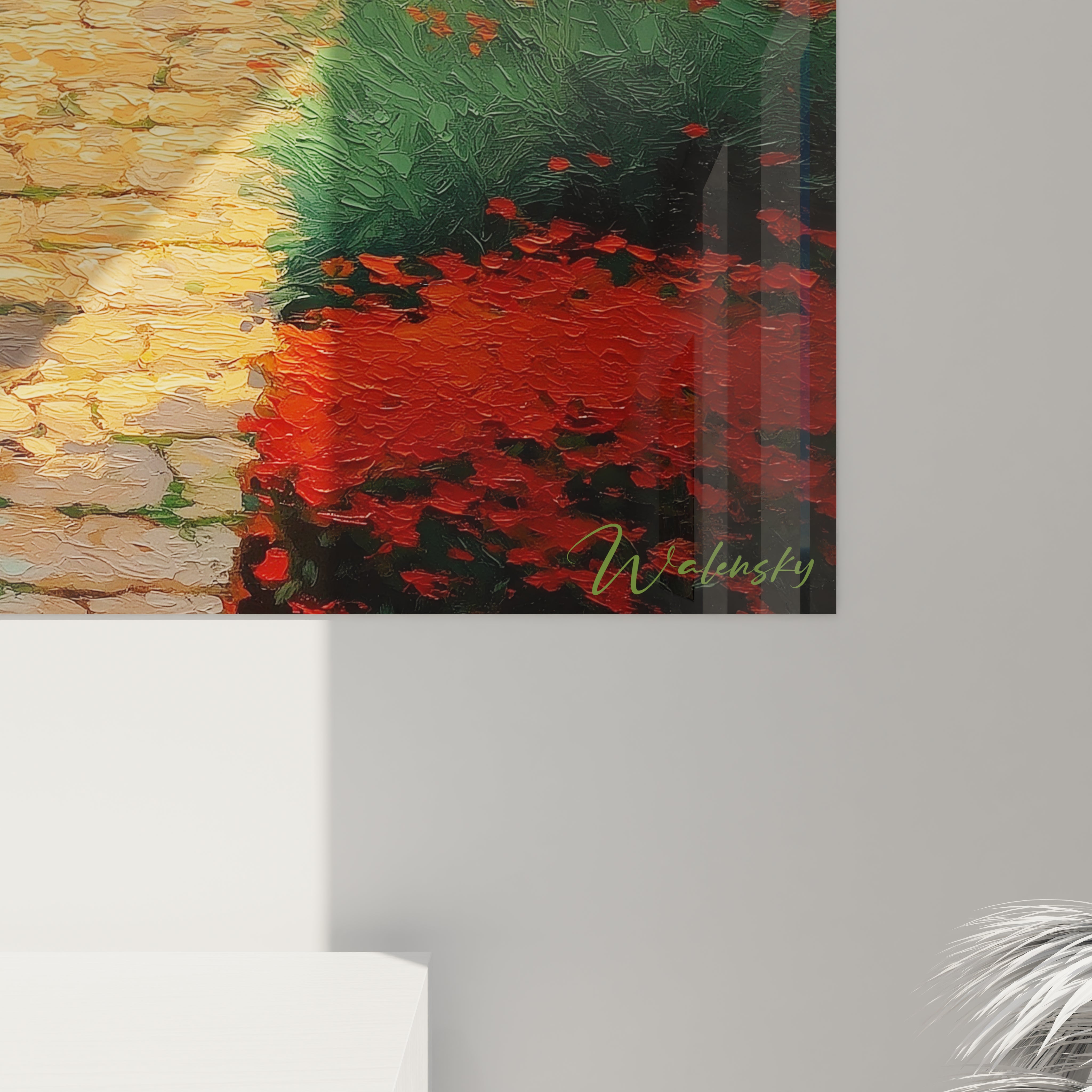 tableau jardin pointillisme Walensky vue rapprochée chemin pavé fleurs rouges feuillage vert peinture texturée
