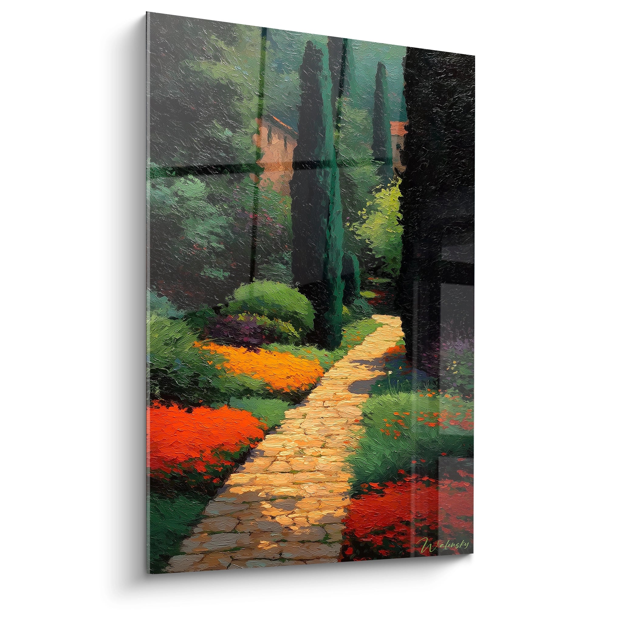 Tableau mural Walensky chemin pavé coloré bordé de fleurs et cyprès style tableau jardin pointillisme