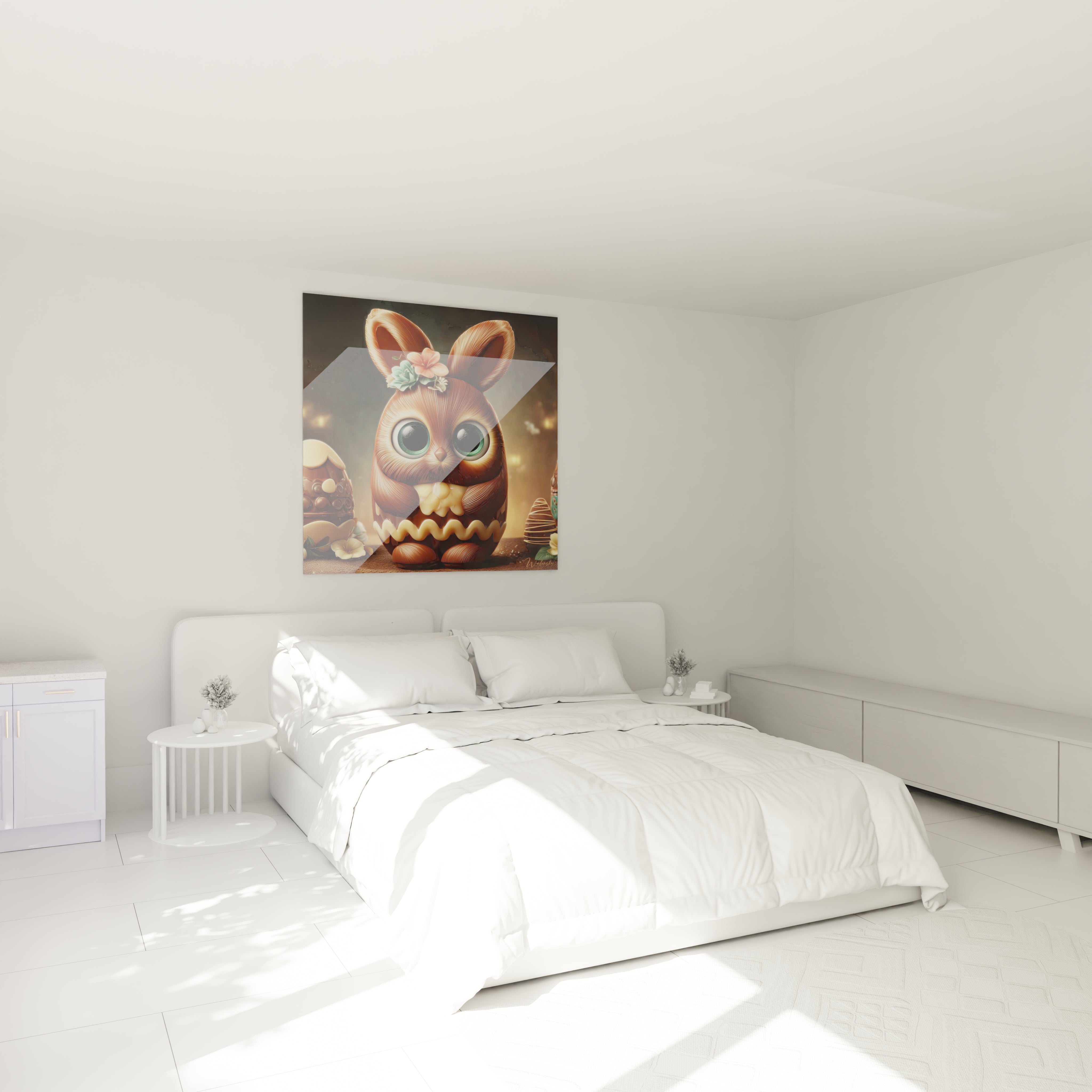 Tableau Walensky tableau lapin chocolat Pâques accroché au dessus d'un lit blanc dans une chambre minimaliste