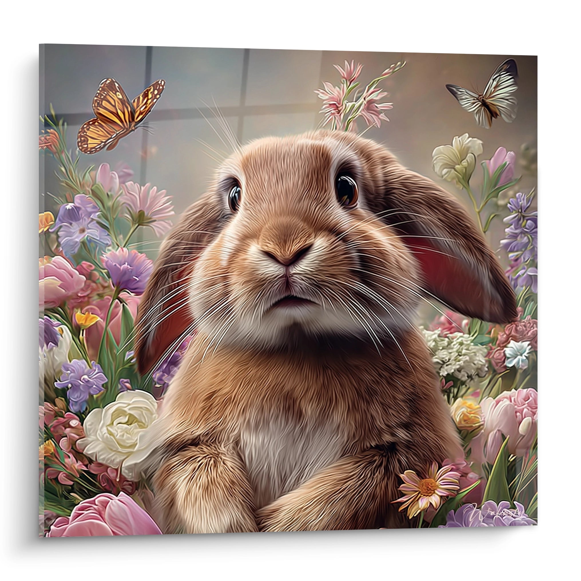 Walensky tableau lapin décoration murale avec lapin réaliste au centre entouré de fleurs et papillons sur toile