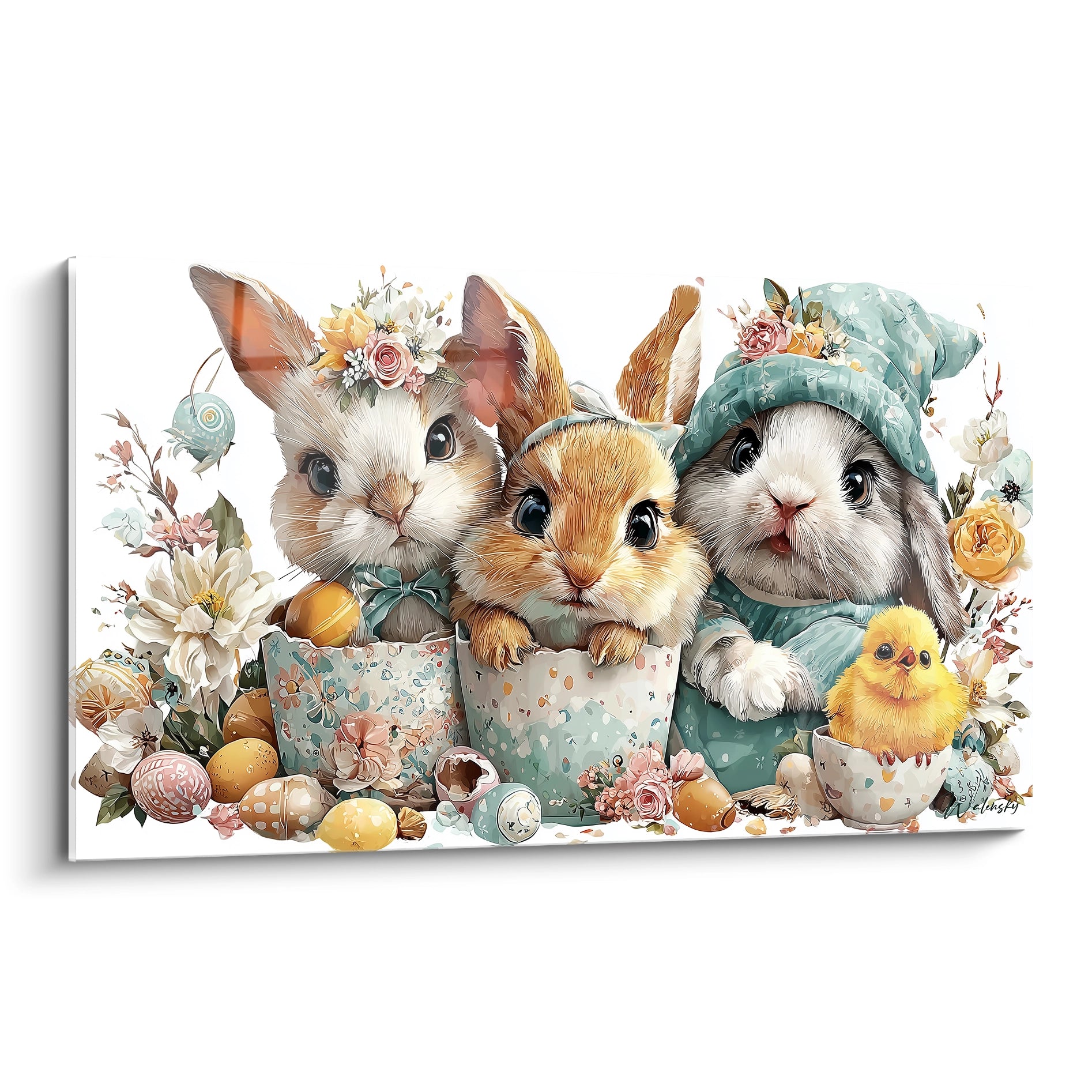 Walensky tableau lapins de pâques mural avec trois lapins mignons dans tasses pastel œufs décorés et un poussin