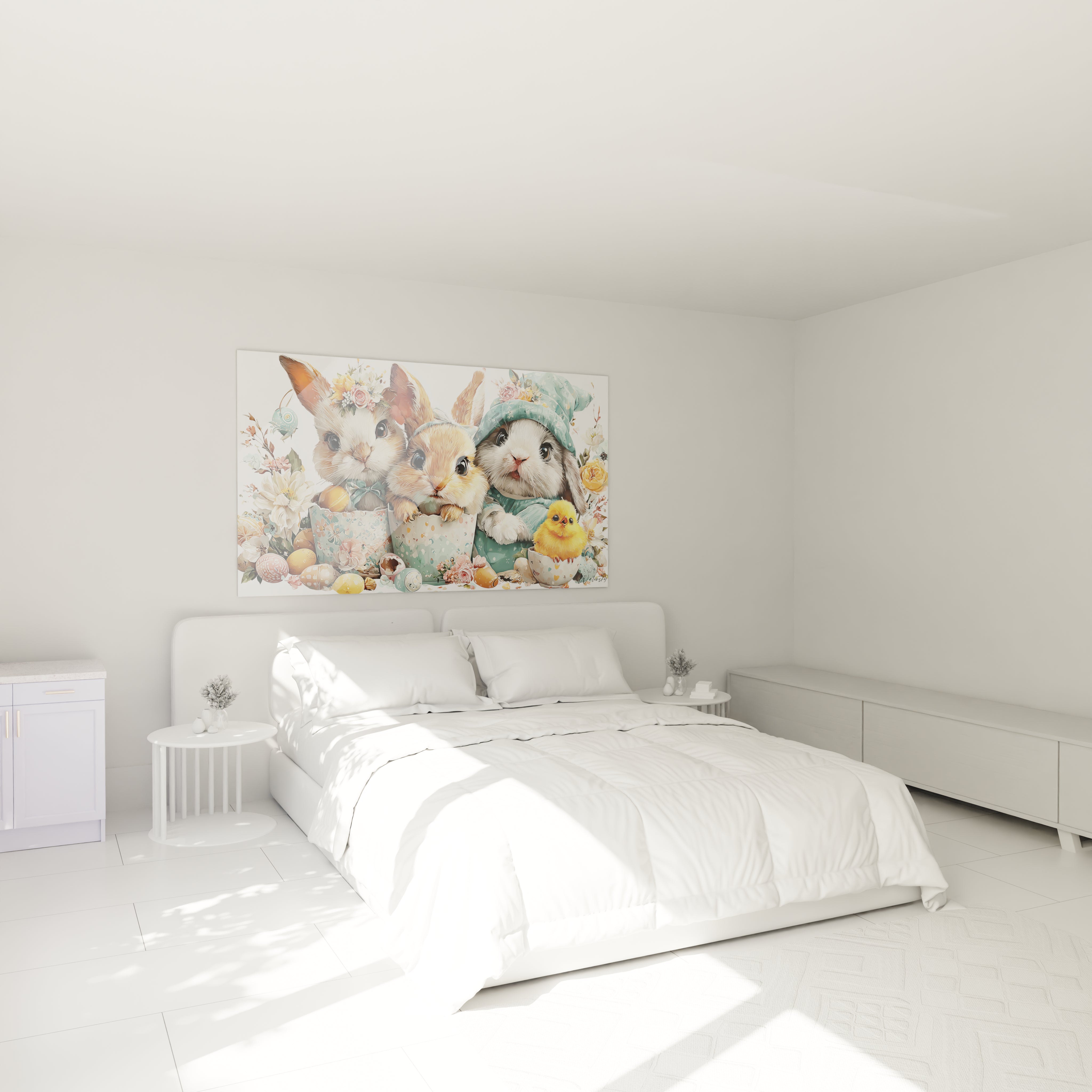 tableau lapins de pâques mural Walensky montrant trois lapins et poussins pastel au dessus d un lit blanc