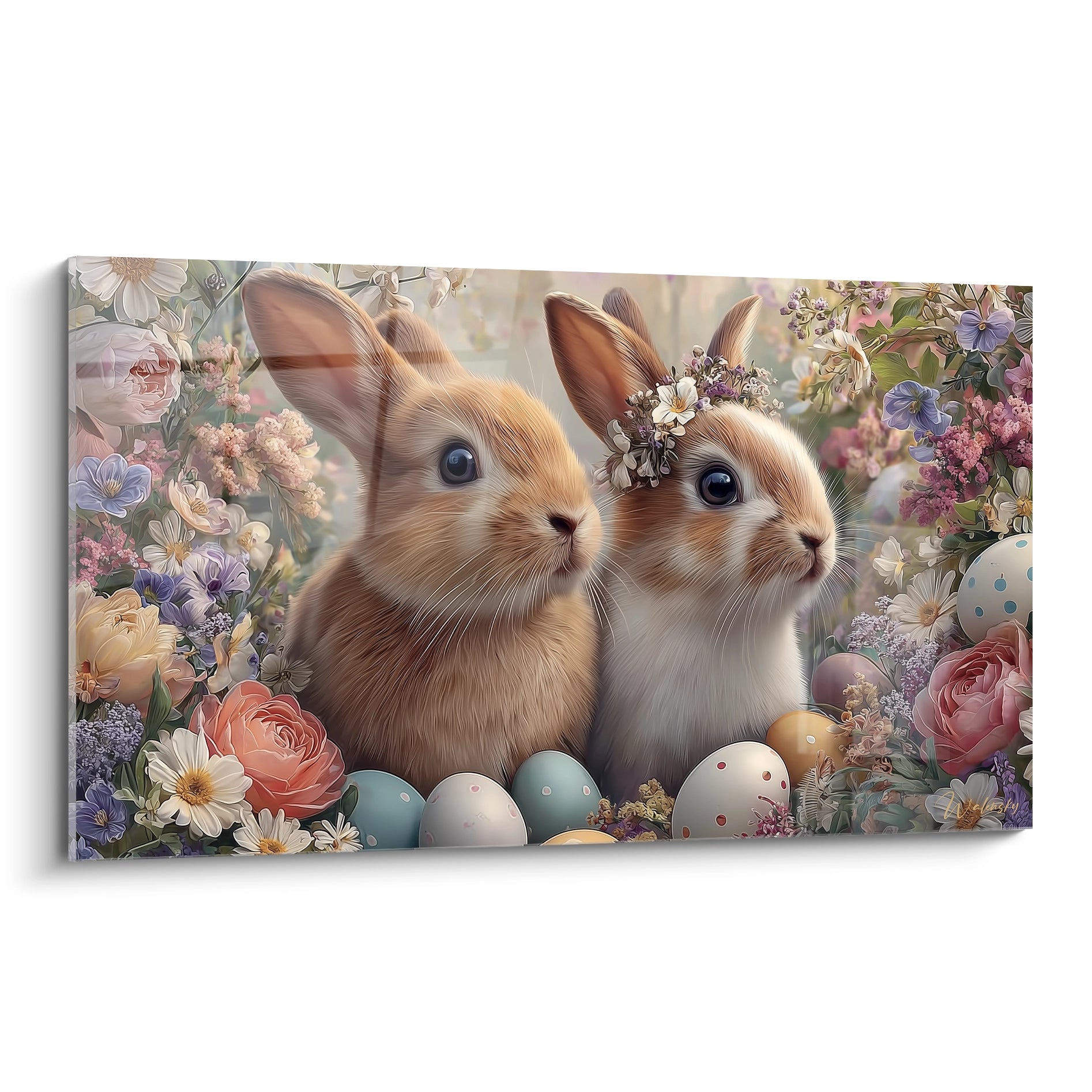 Walensky tableau lapins décoration Pâques avec deux lapins mignons oeufs peints et fleurs printanières