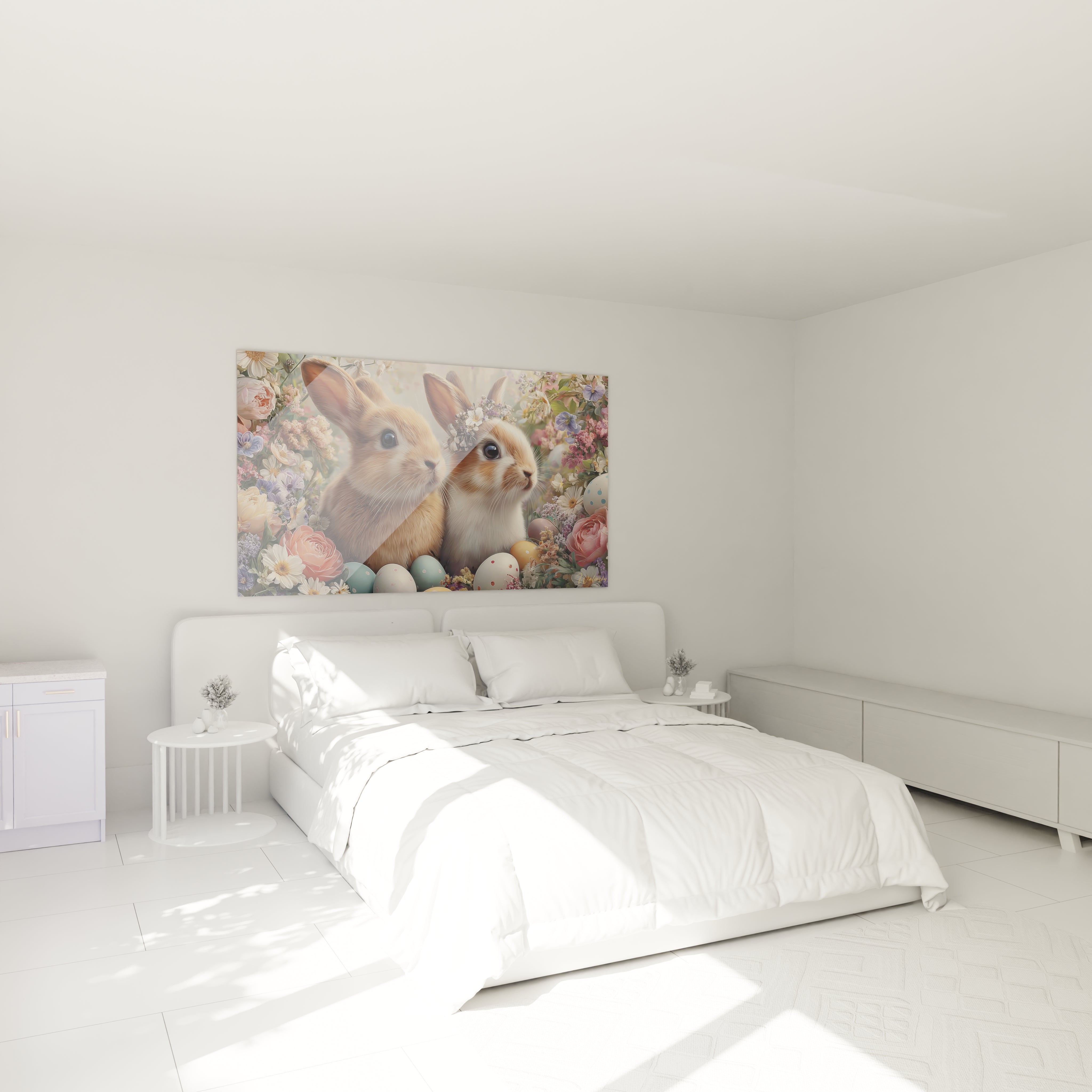 Walensky tableau lapins décoration Pâques grand tableau mural au dessus du lit avec deux lapins fleurs et oeufs pastel