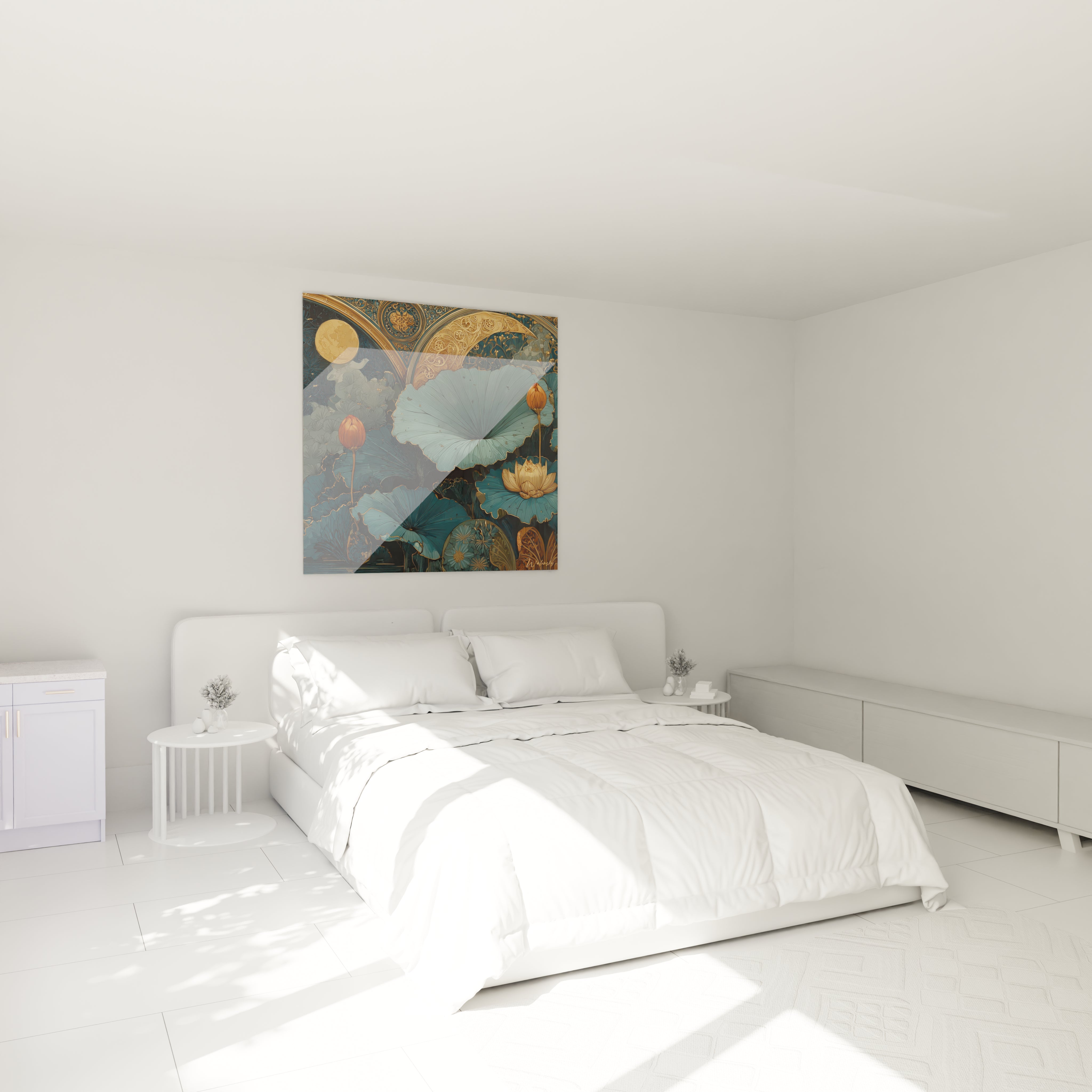 Walensky tableau lotus art nouveau carré bleu canard et doré accroché au dessus d un lit blanc minimaliste pour chambre