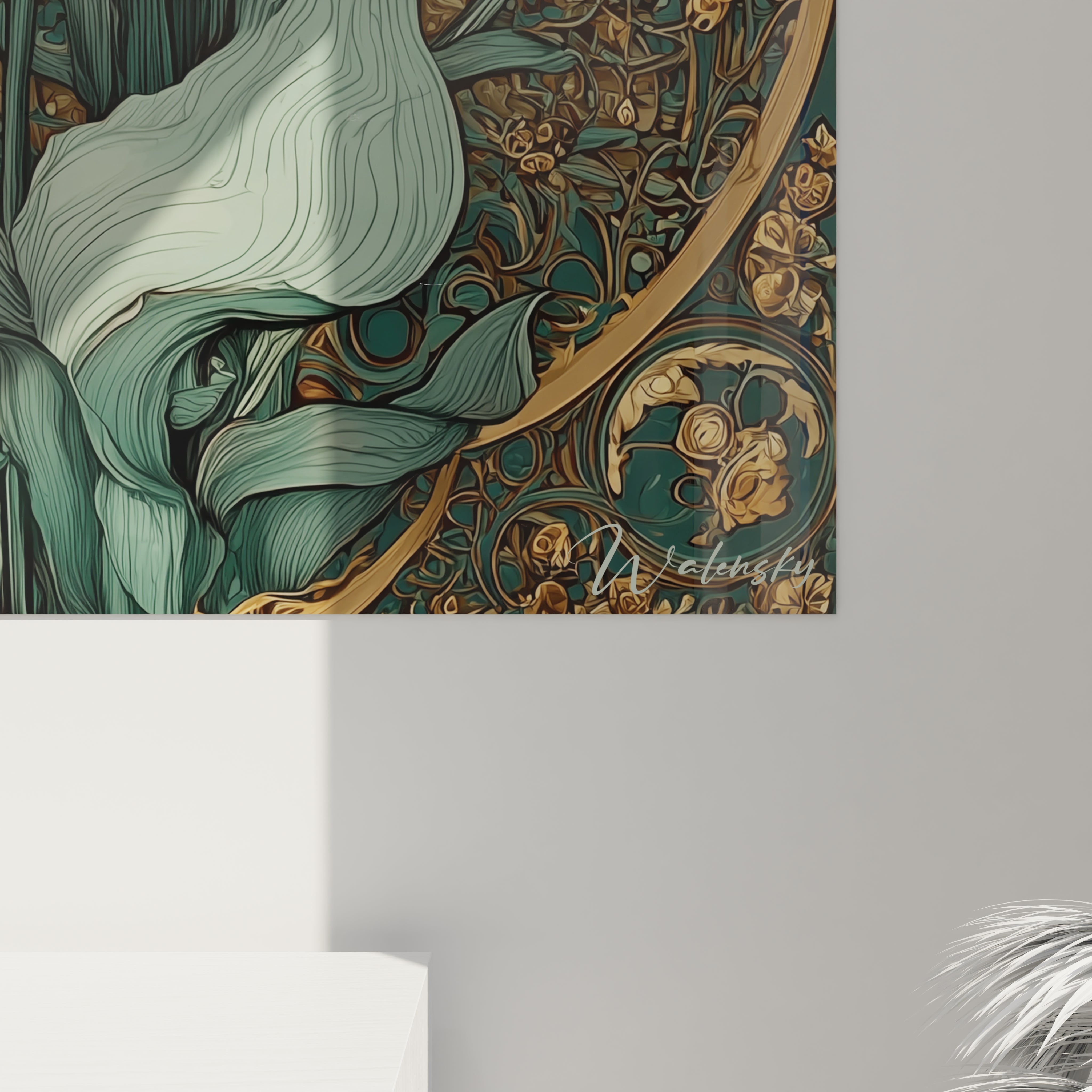 Tableau mural Walensky gros plan sur motif floral vert et or avec feuille de lotus, tableau lotus art nouveau élégant