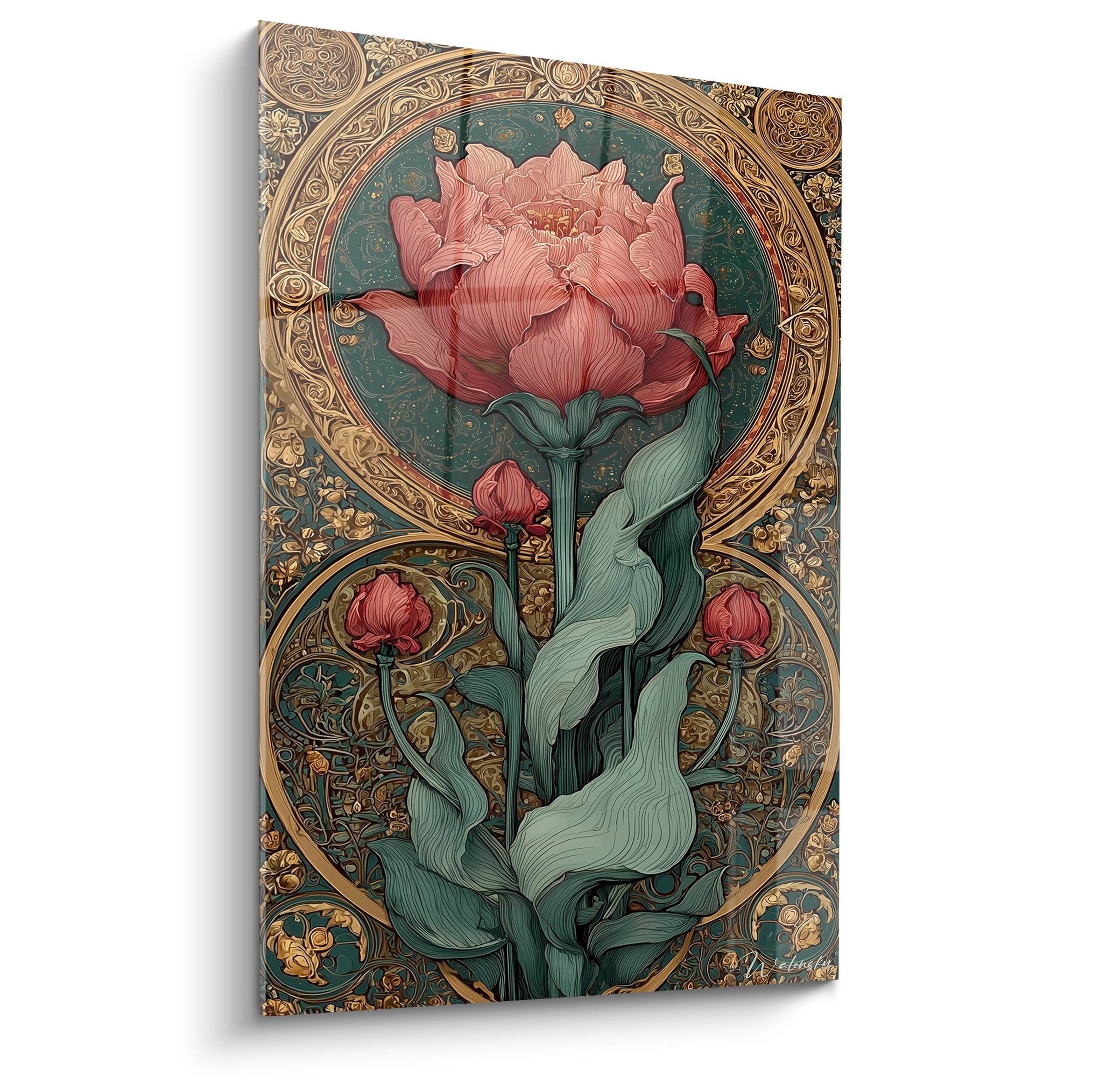 Tableau mural Walensky d'un grand lotus rose stylisé sur fond vert avec motifs dorés, tableau lotus art nouveau