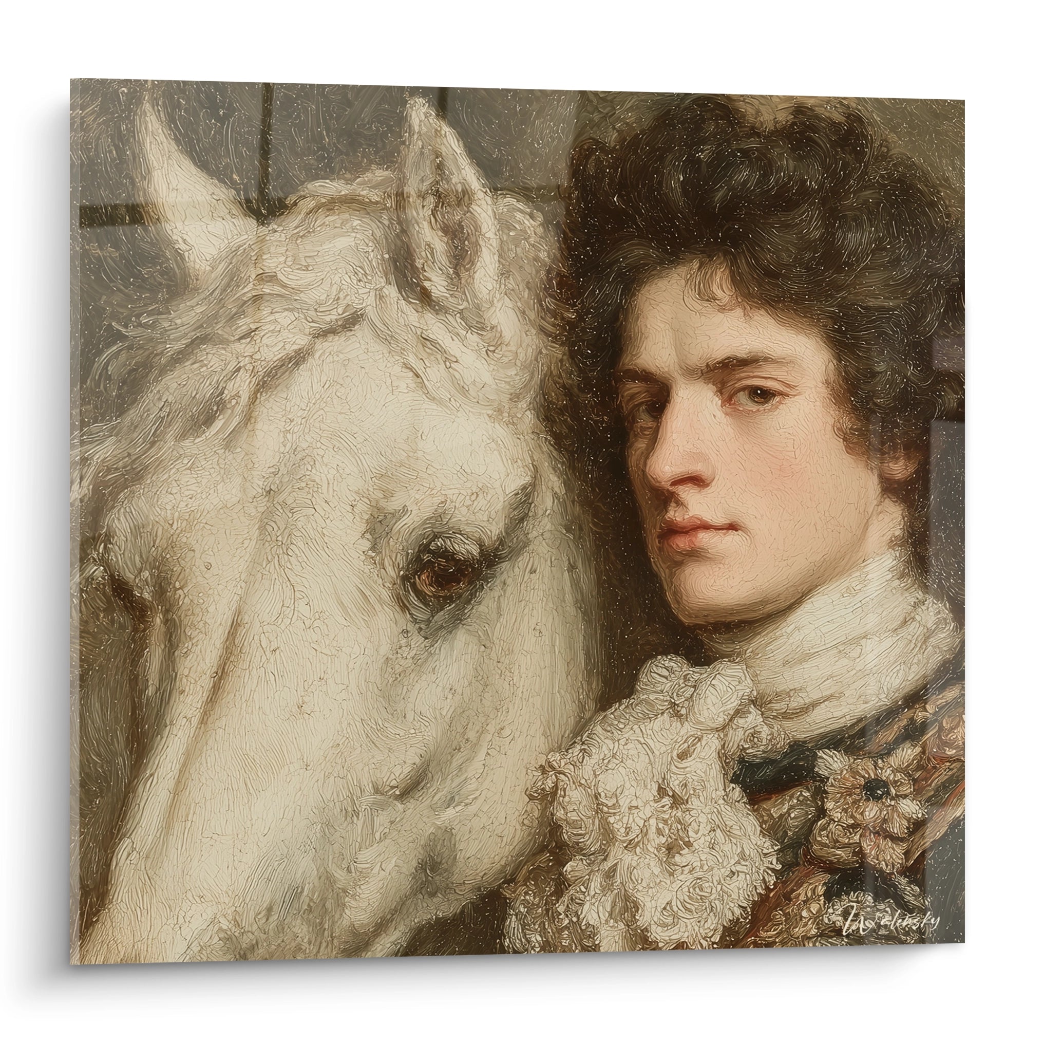 tableau Louis XIV Walensky tableau mural portrait d aristocrate en dentelle aux cotes d un cheval blanc