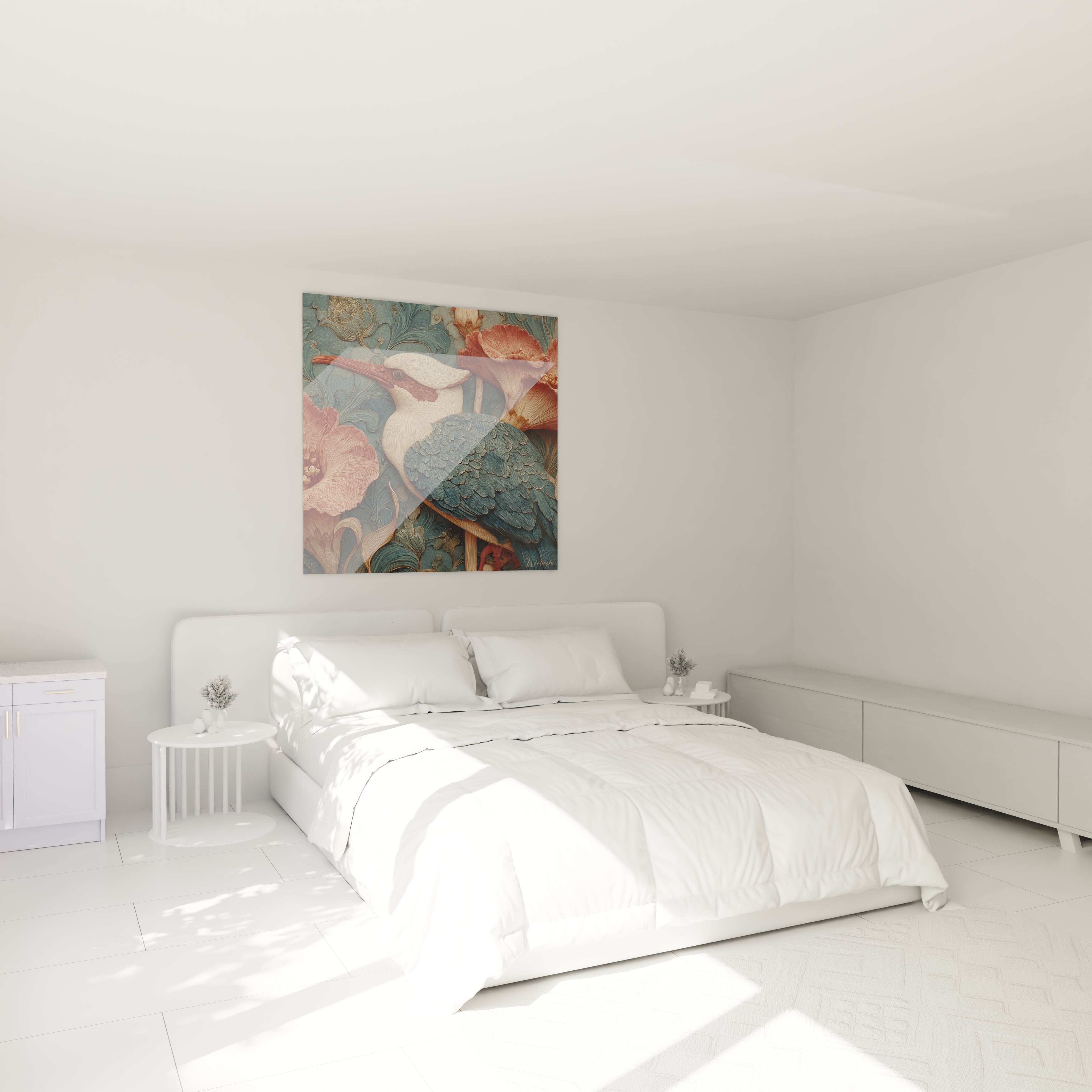 Tableau mural Walensky tableau martin-pêcheur art nouveau dans chambre blanche minimaliste motif oiseau et fleurs