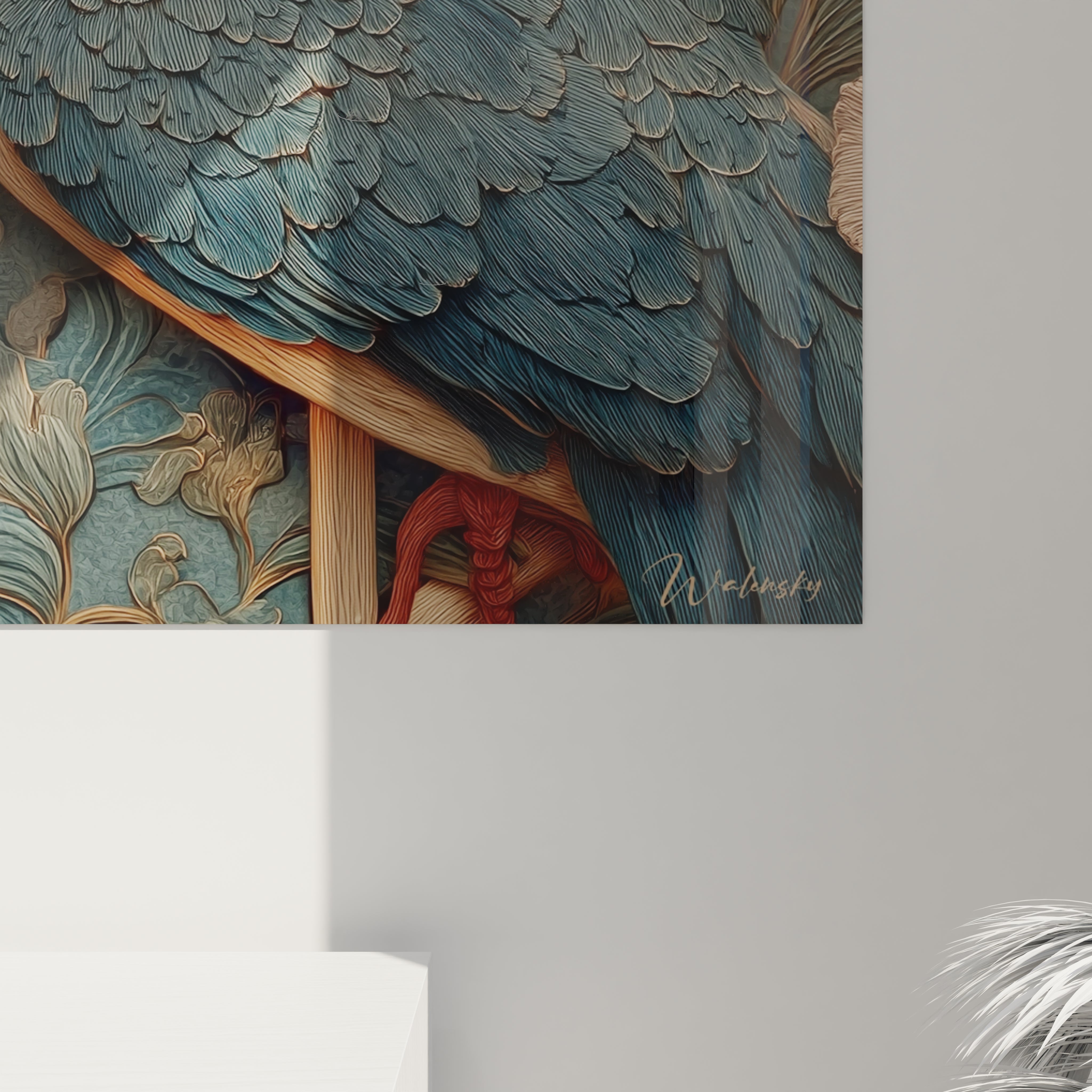 Walensky tableau martin-pêcheur art nouveau gros plan sur plumes détaillées et motif floral mural