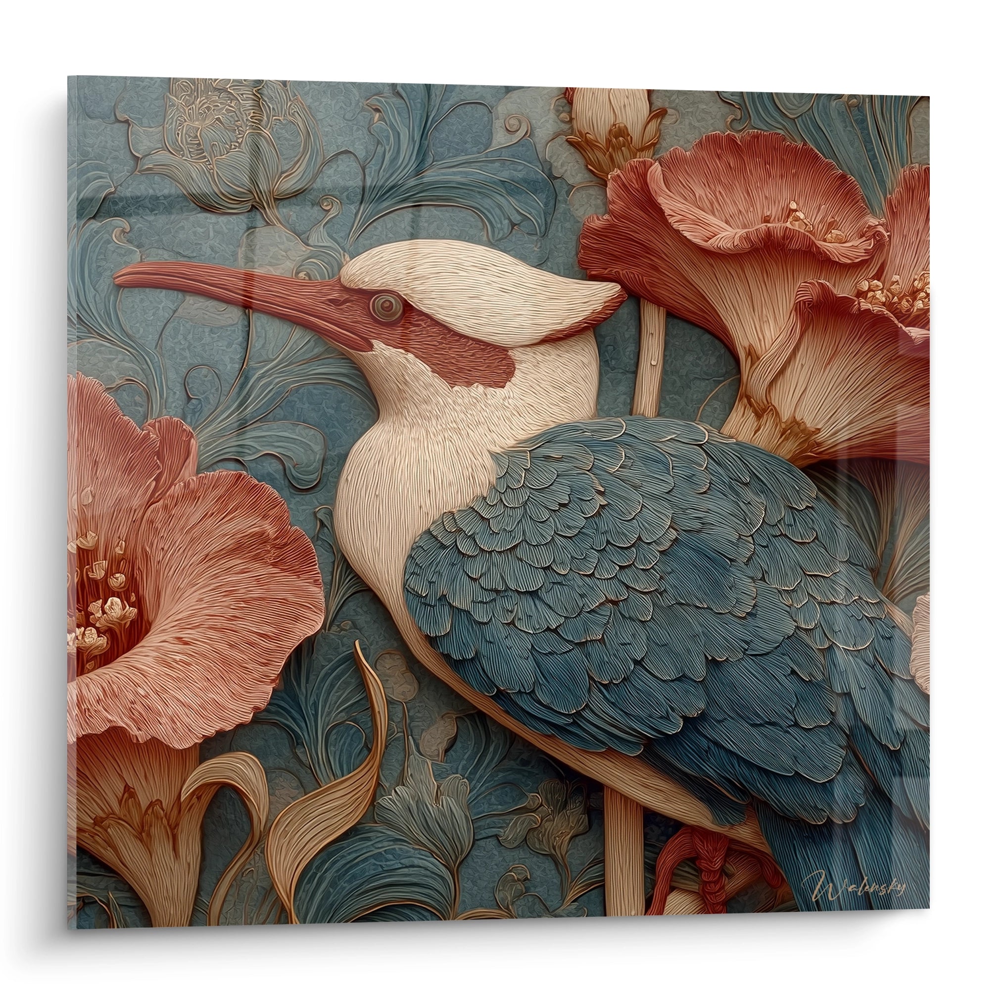 tableau martin-pêcheur art nouveau Walensky motif en relief oiseau bleu turquoise posé parmi grandes fleurs corail