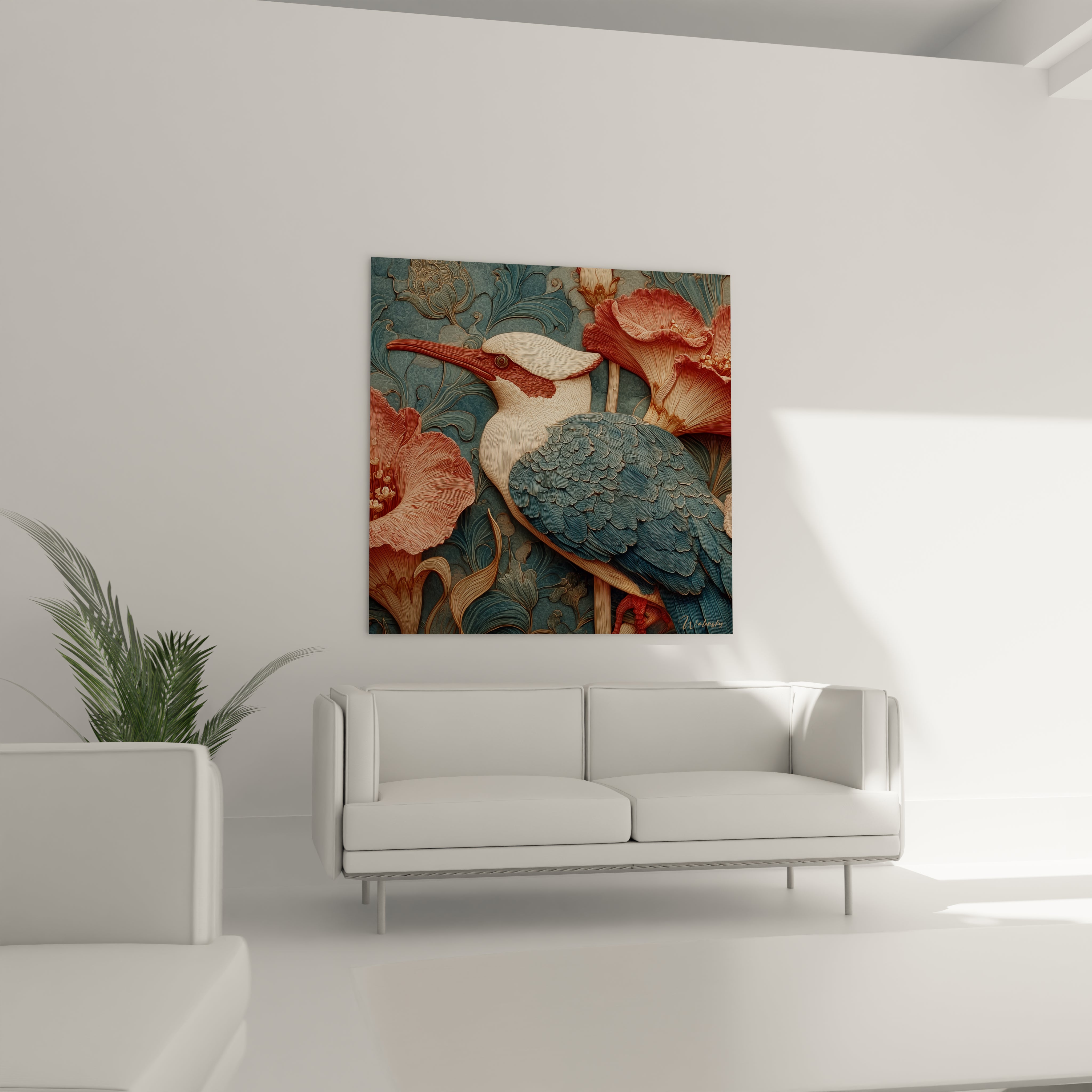 Tableau mural Walensky représentant un tableau martin-pêcheur art nouveau bleu et fleurs dans un salon moderne