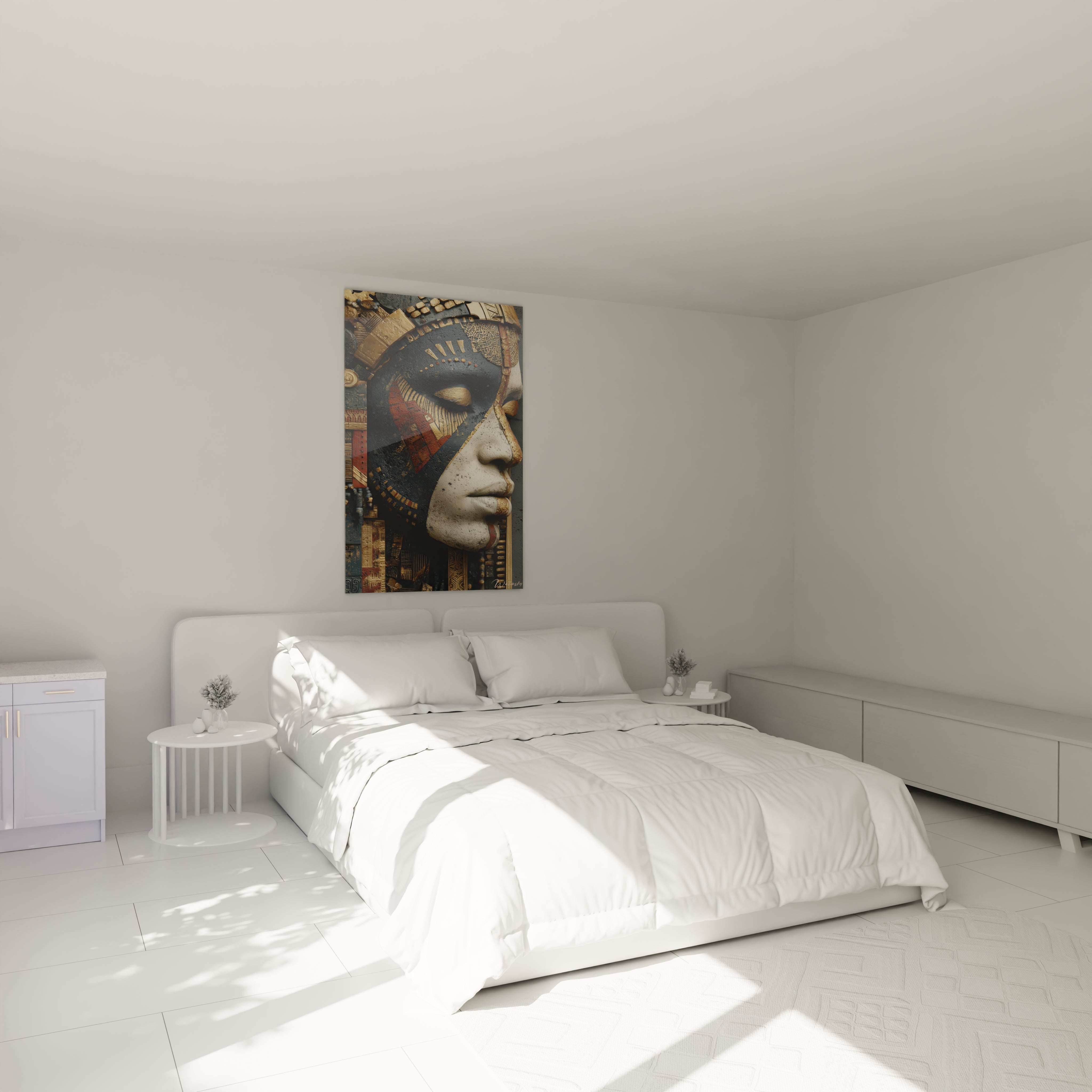 tableau masque tribal Walensky accroché au dessus du lit blanc dans une chambre minimaliste