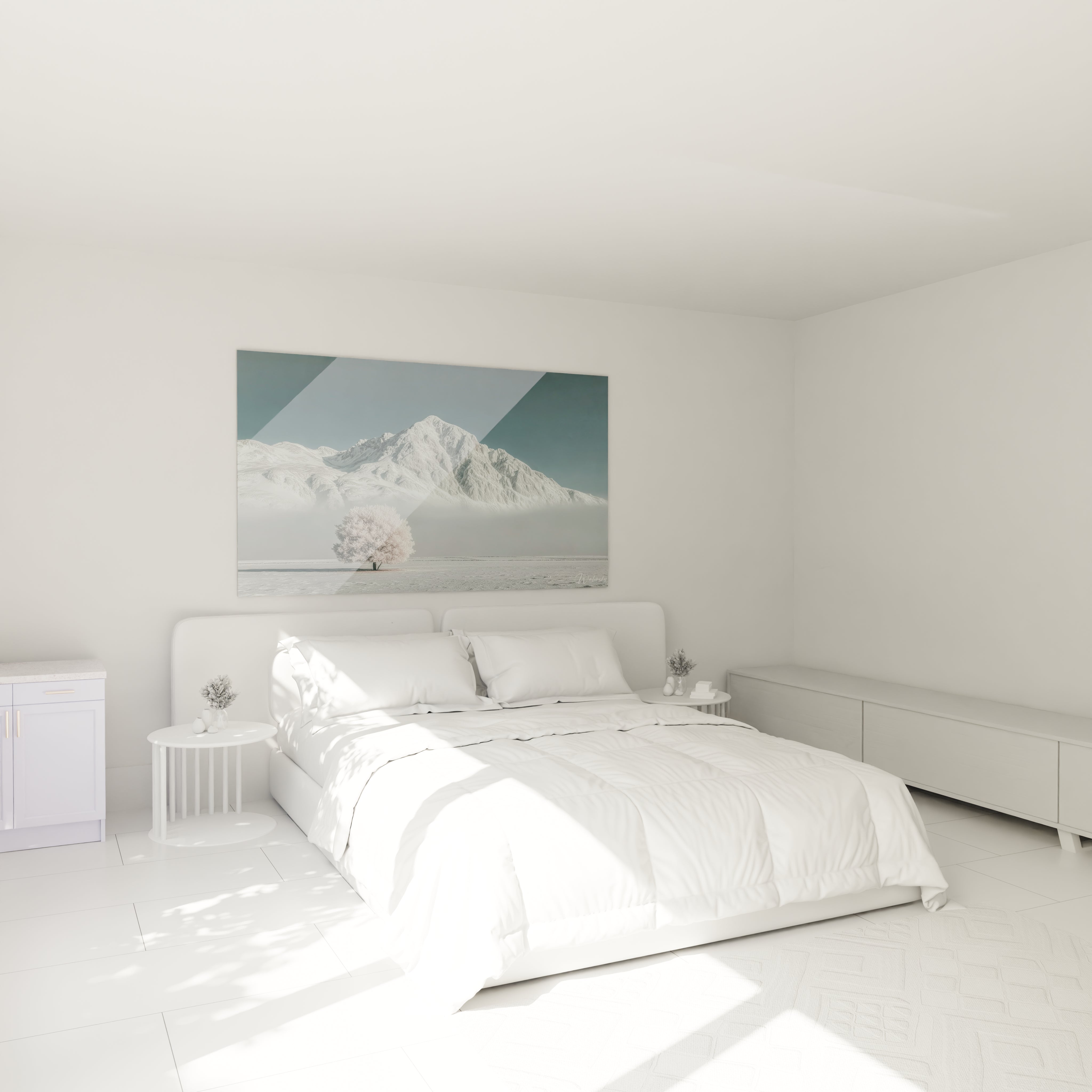 Tableau mural Walensky tableau montagne hivernale design paysage enneigee au dessus lit chambre blanche minimaliste