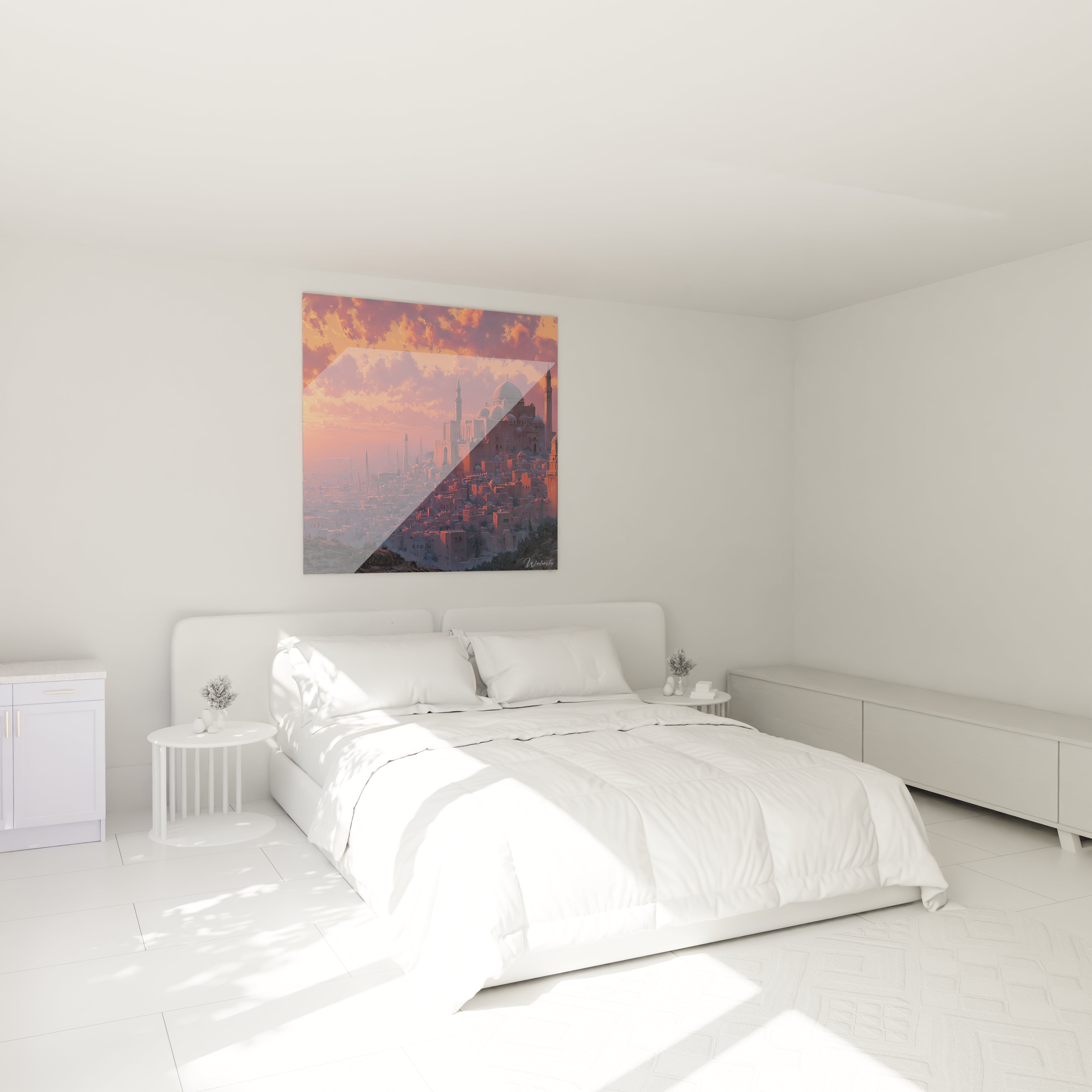 tableau mosquée ottoman Walensky accroché au dessus de lit blanc minimaliste au coucher du soleil