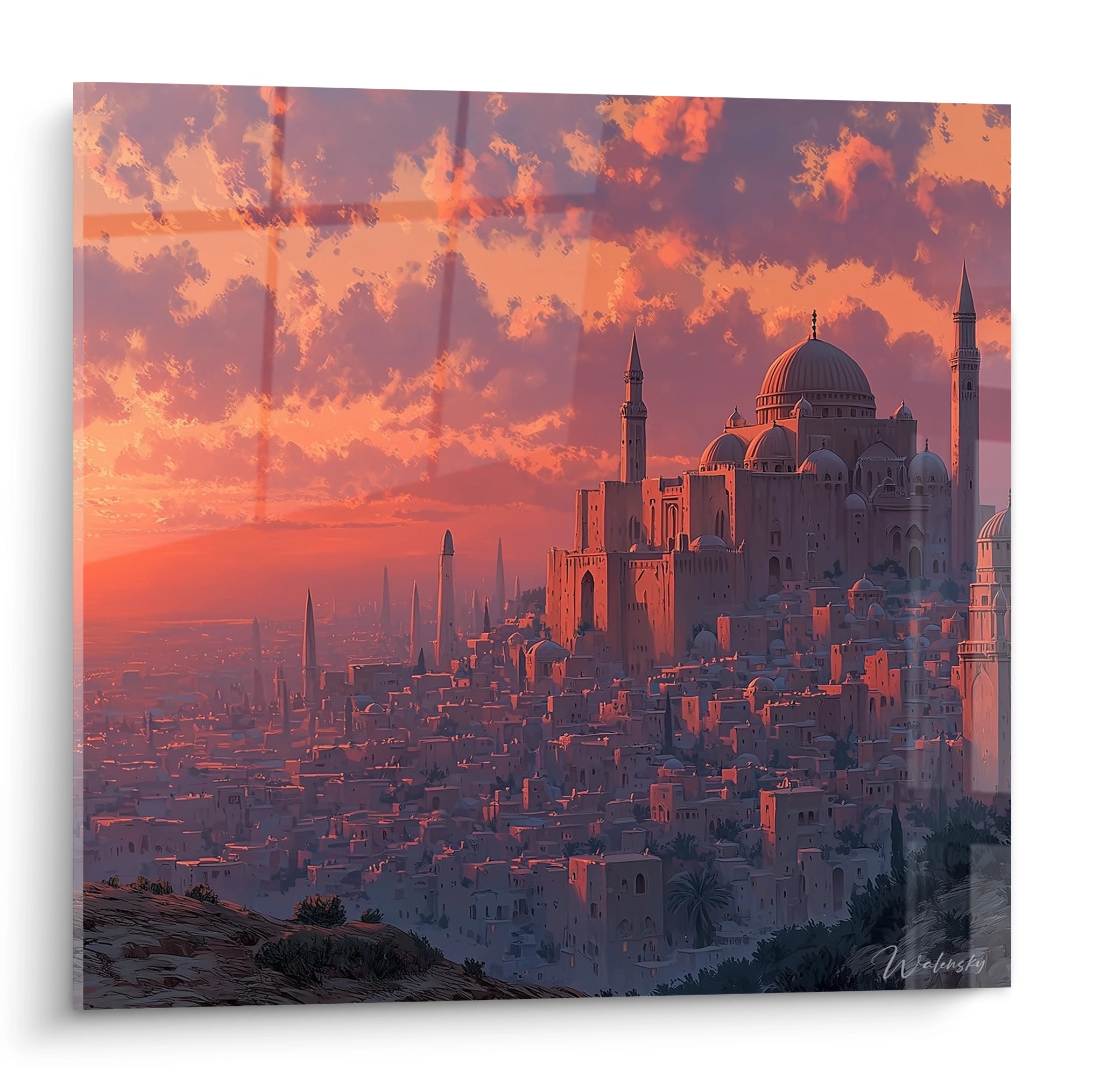 tableau mosquée ottoman Walensky représentant une grande mosquée ottomane au coucher de soleil sur une ville
