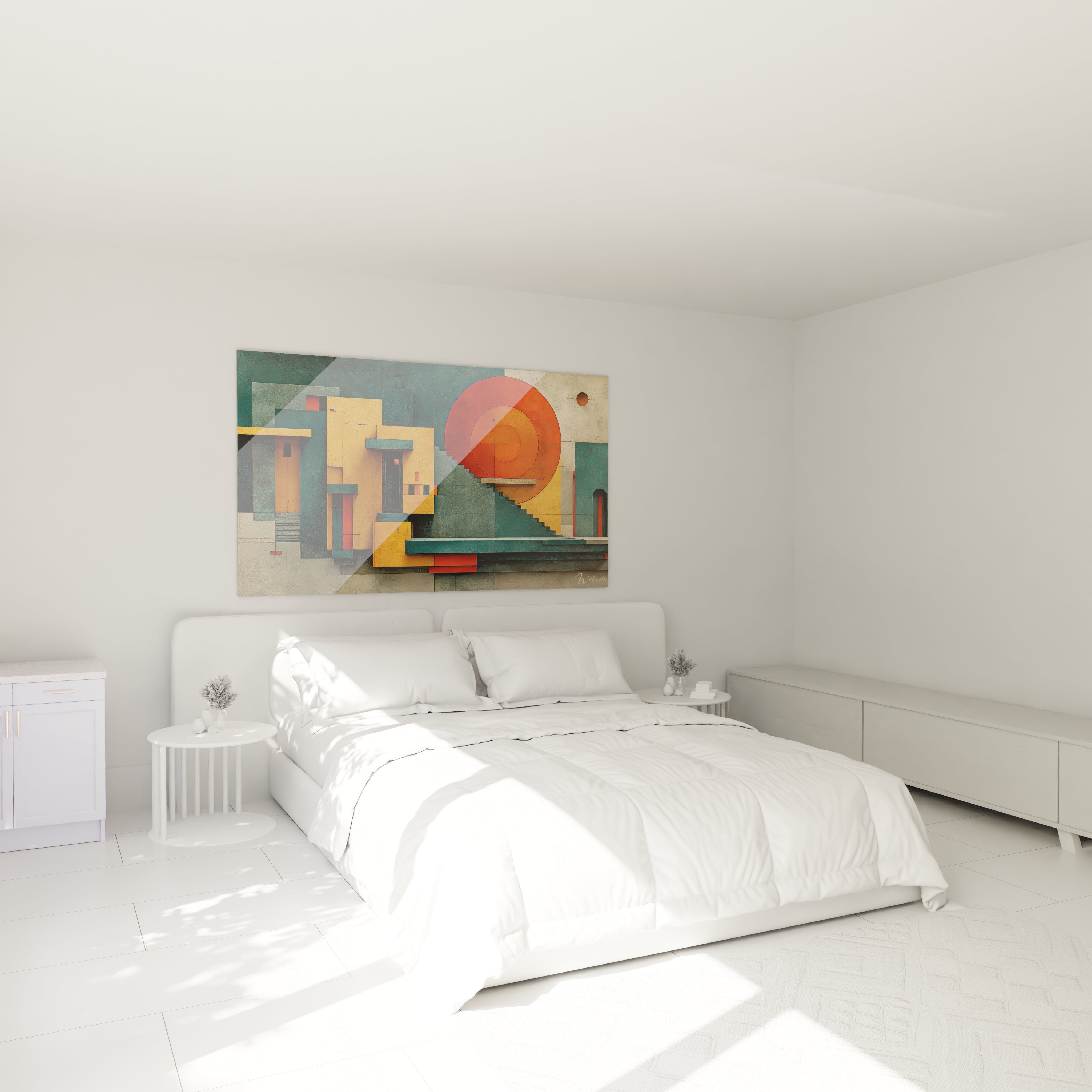 tableau mural architecture géométrique Walensky au dessus du lit double blanc dans une chambre minimaliste lumineuse