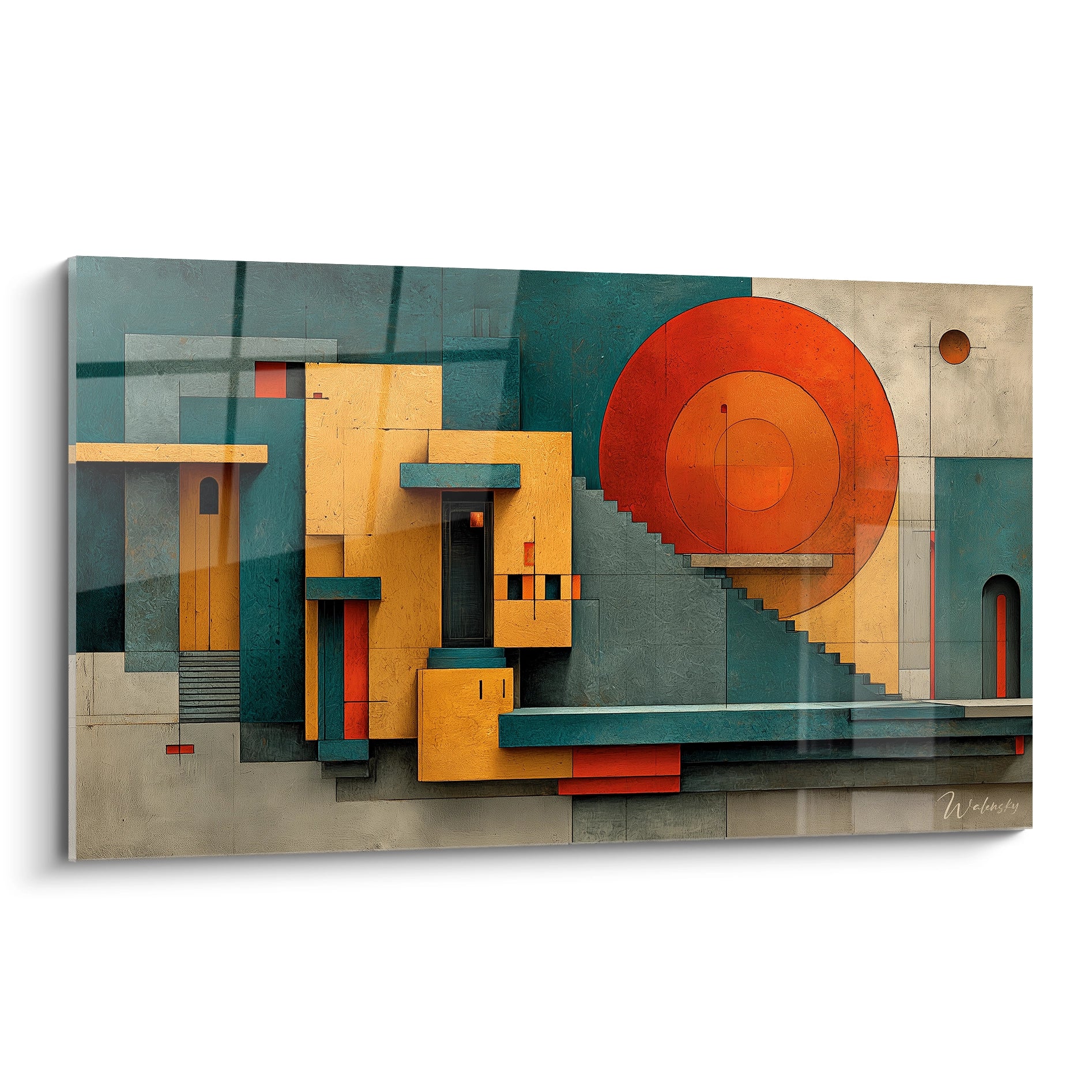 Tableau mural architecture géométrique composition abstraite de volumes jaunes et bleus avec cercle orange et escaliers