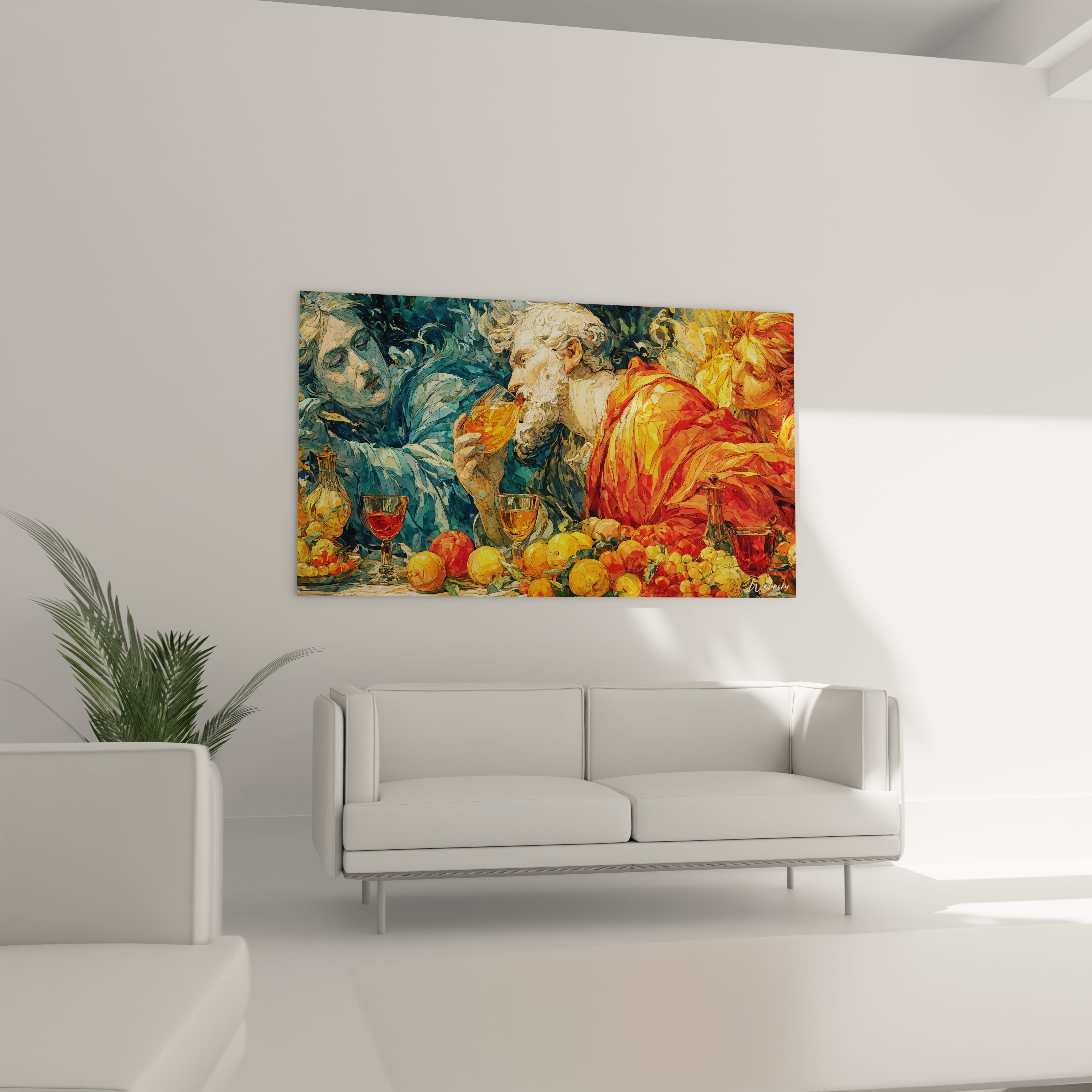 tableau mural art renaissance Walensky au-dessus d'un canapé blanc montrant une scène colorée de fruits et de personnages