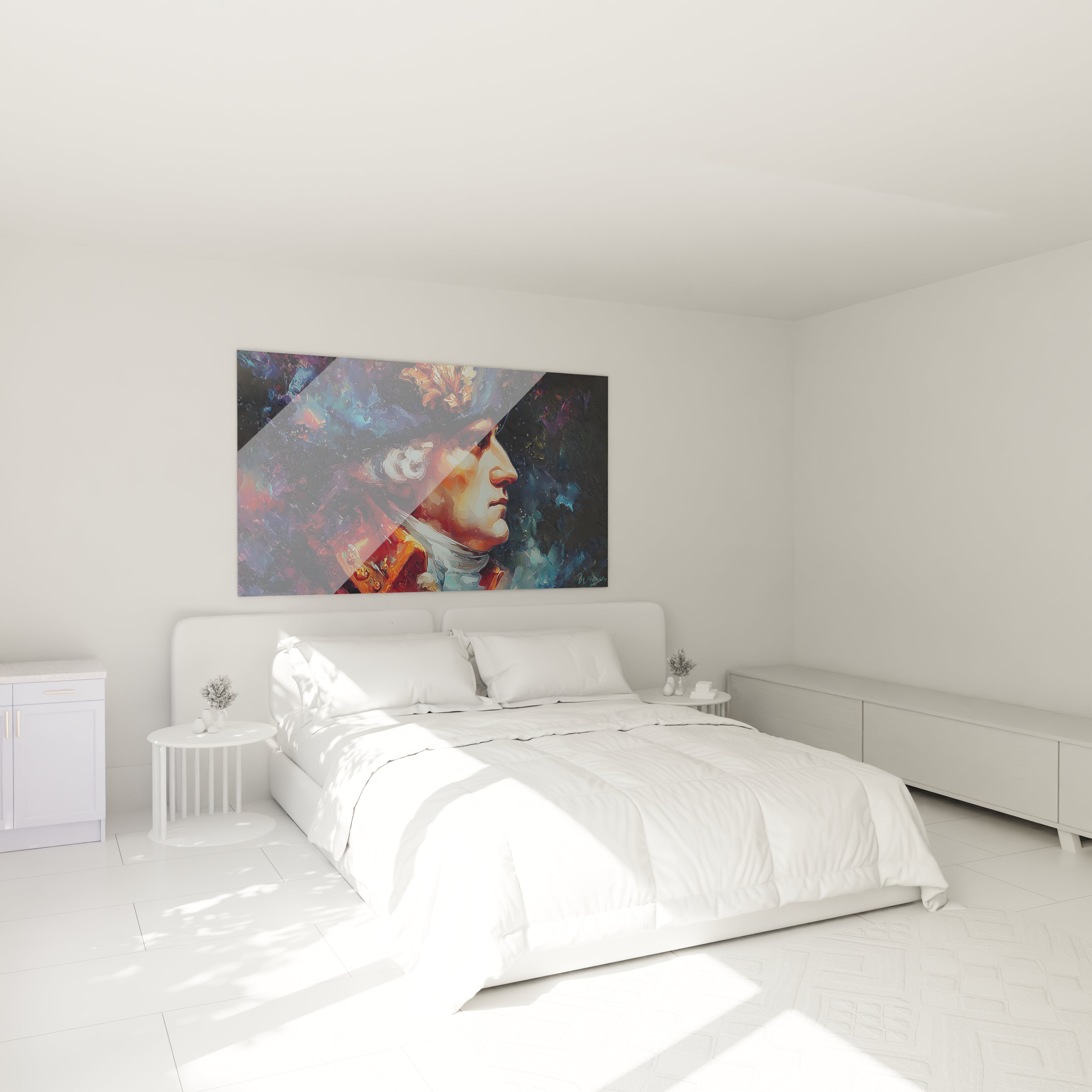 tableau mural homme Louis XVI par Walensky sur un lit blanc dans une chambre minimaliste lumineuse