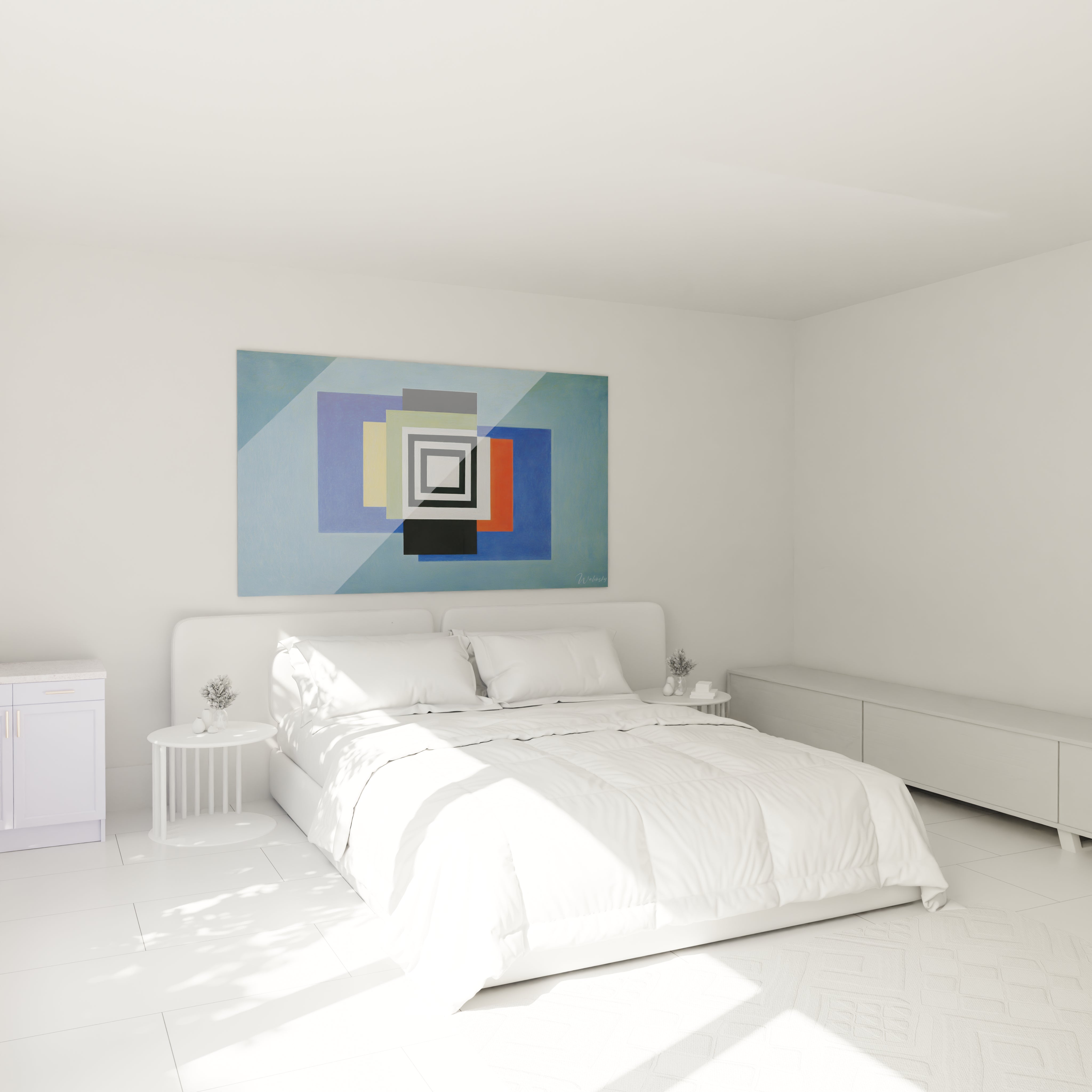 Walensky tableau murale géométrique constructivisme accroché au dessus d un lit double blanc minimaliste