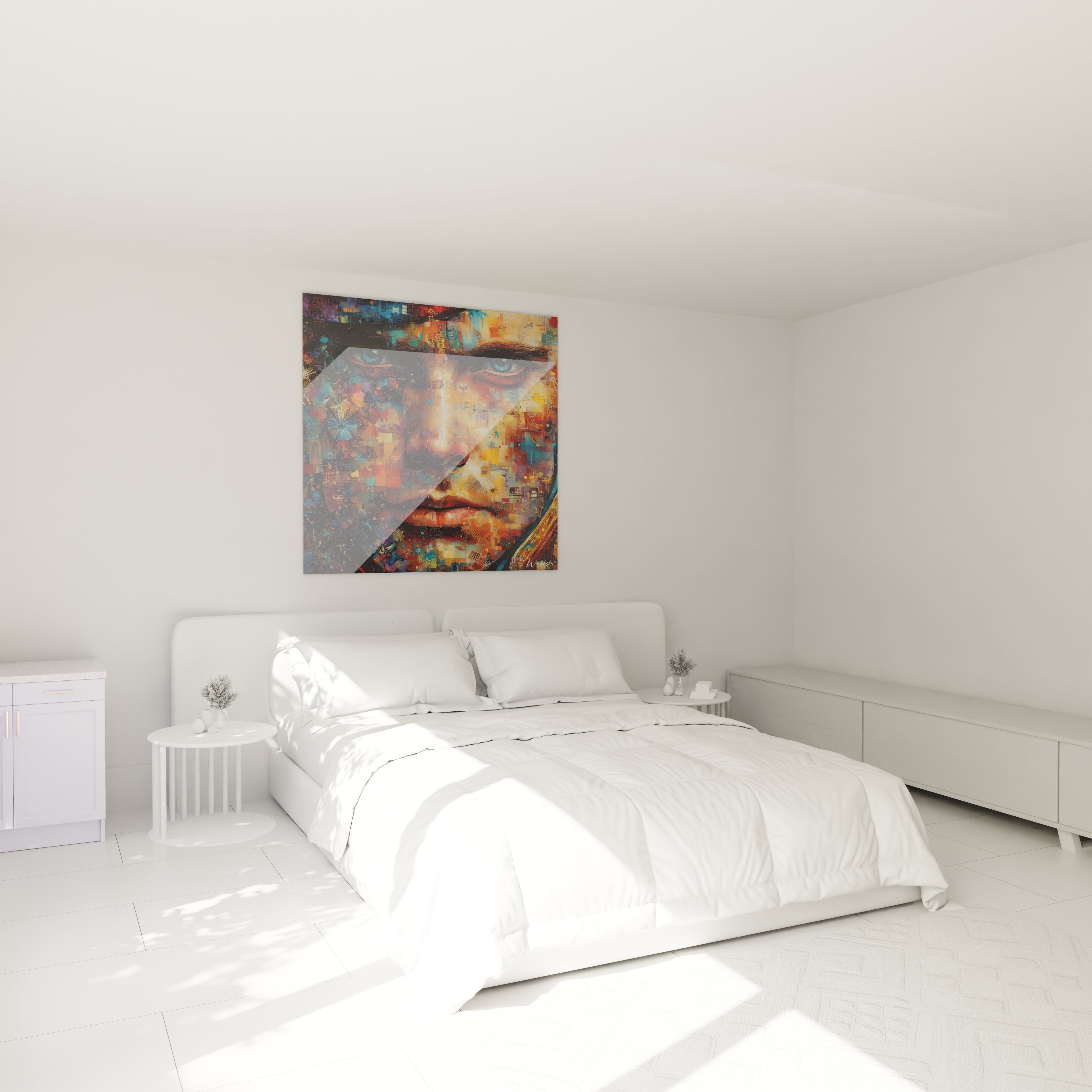 tableau napoléon conquérant coloré au dessus d un lit double blanc minimaliste dans une chambre moderne Walensky
