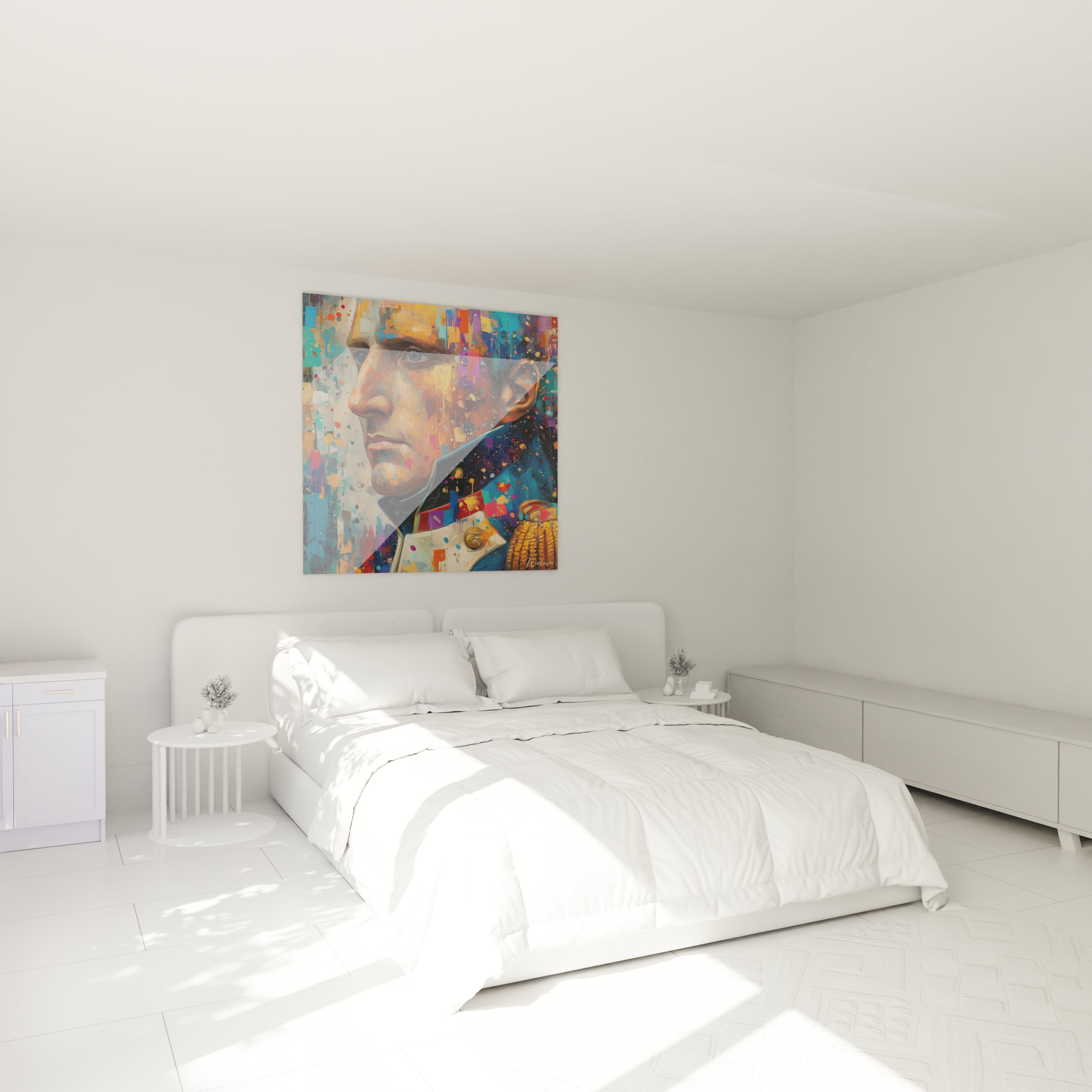 Chambre blanche minimaliste avec grand tableau Napoléon décoratif coloré de Walensky accroché au dessus du lit