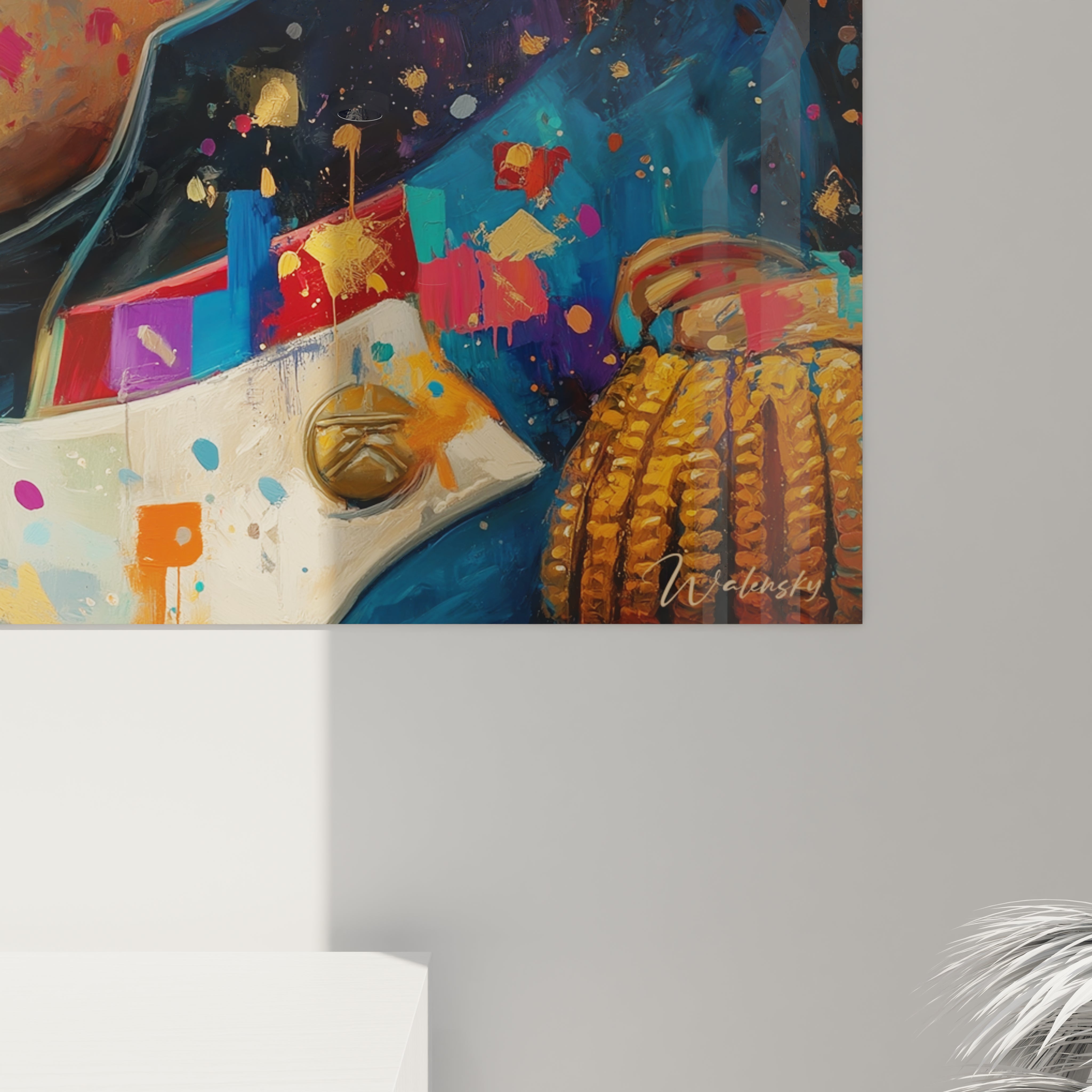 tableau Napoléon décoratif Walensky, peinture murale pop art colorée montrant épaulette dorée et éclaboussures
