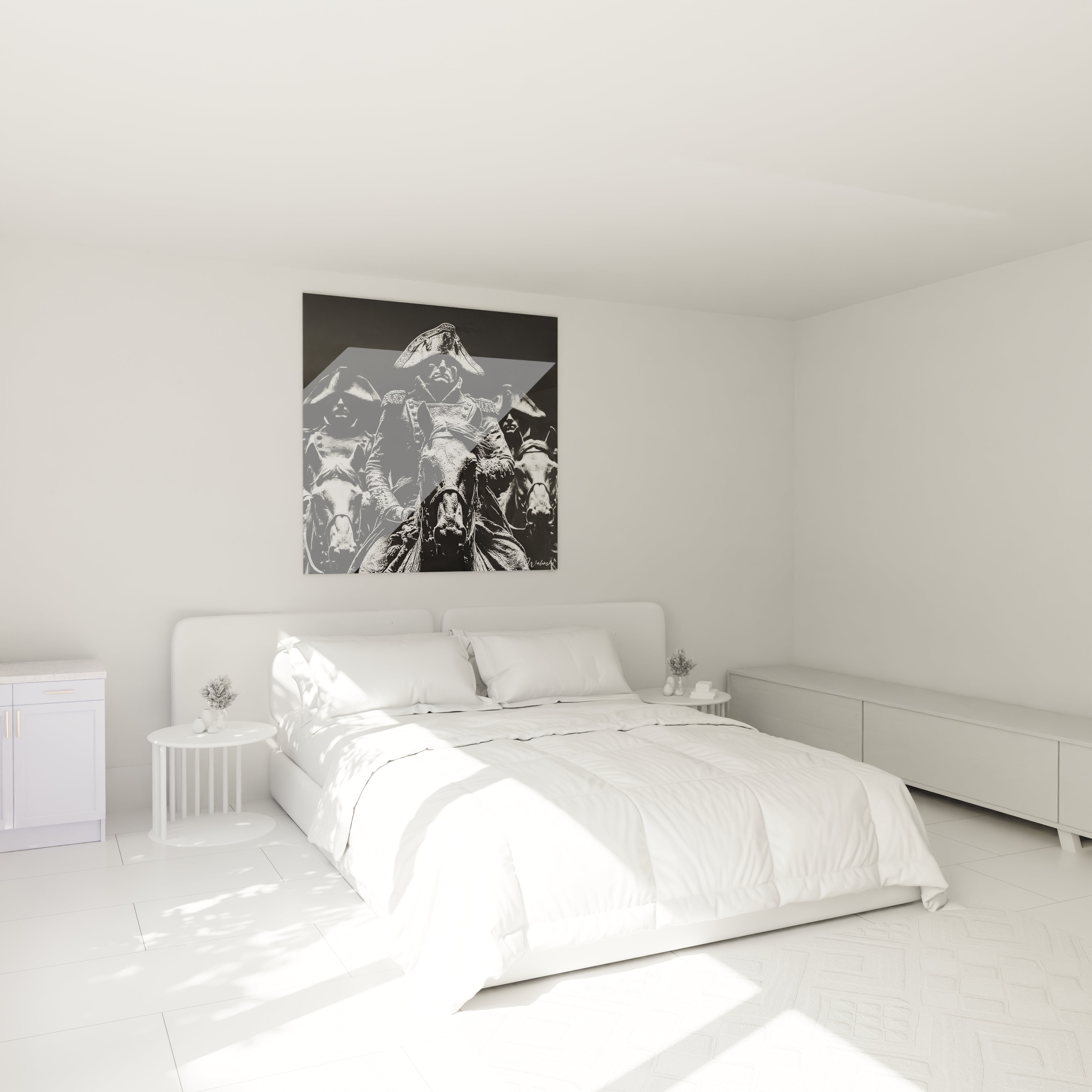 tableau Napoléon décoration murale Walensky noir et blanc au dessus d un lit blanc dans chambre minimaliste