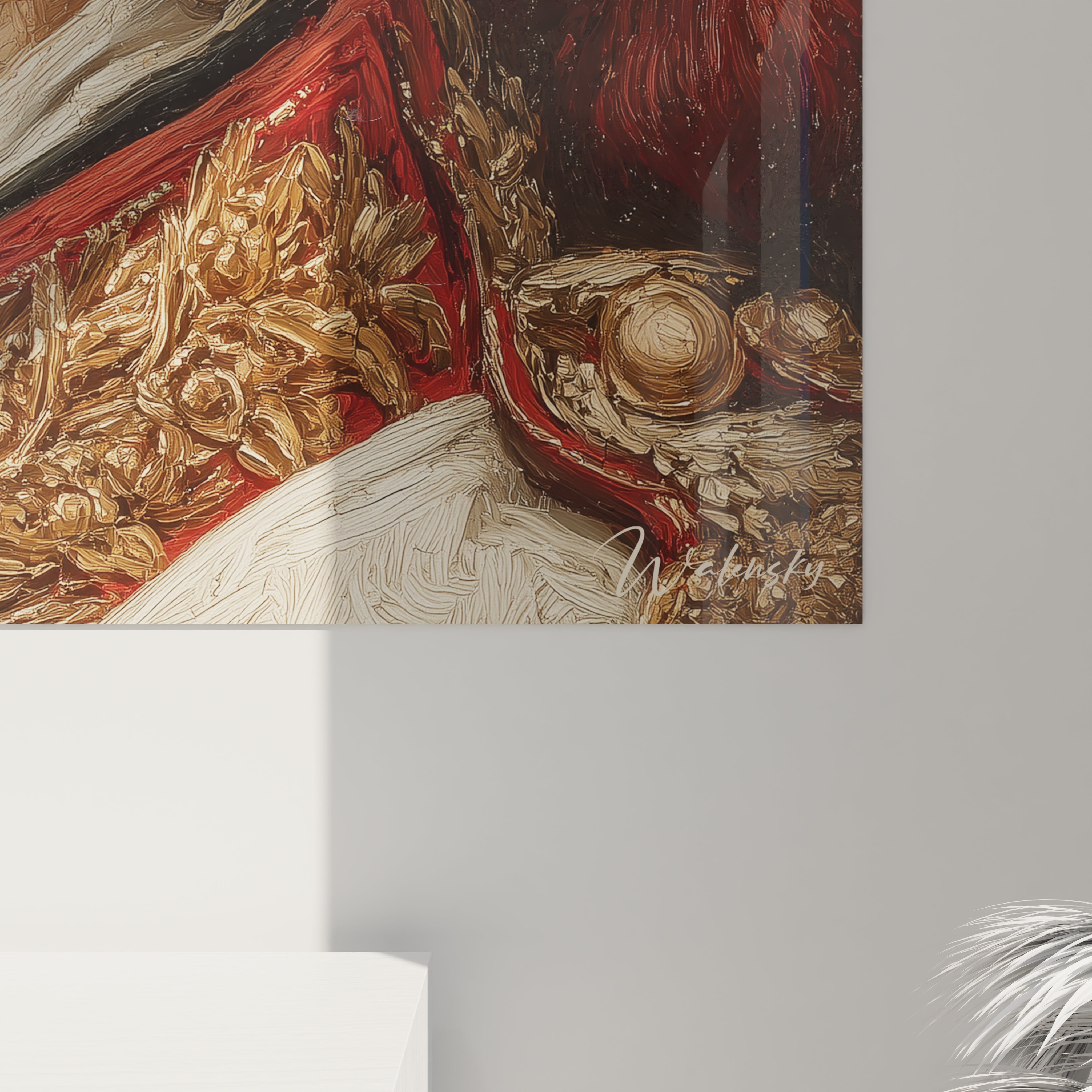 tableau Napoléon regard d'aigle tableau mural Walensky gros plan sur uniforme brodé or rouge et détail de signature