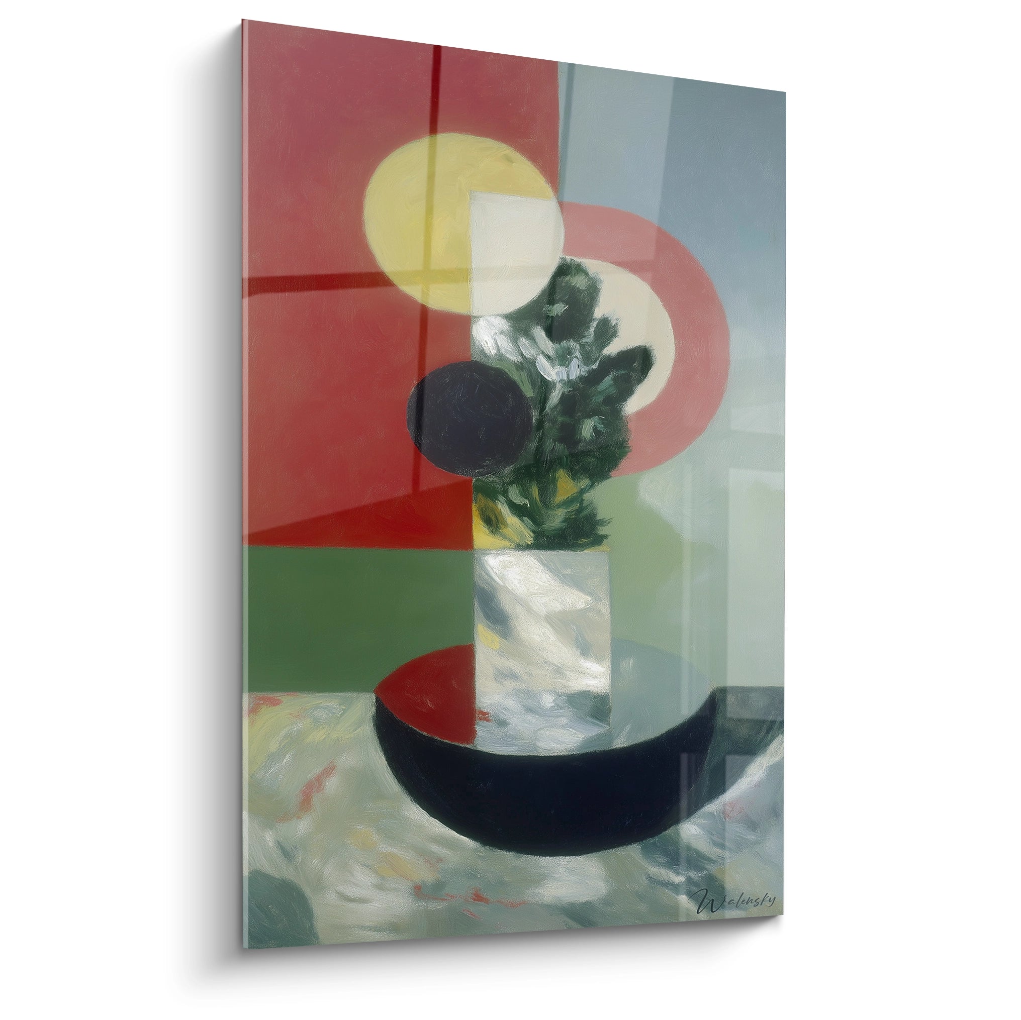 tableau nature morte contemporain Walensky vertical avec vase feuilles vertes bol noir et formes geometriques colorees
