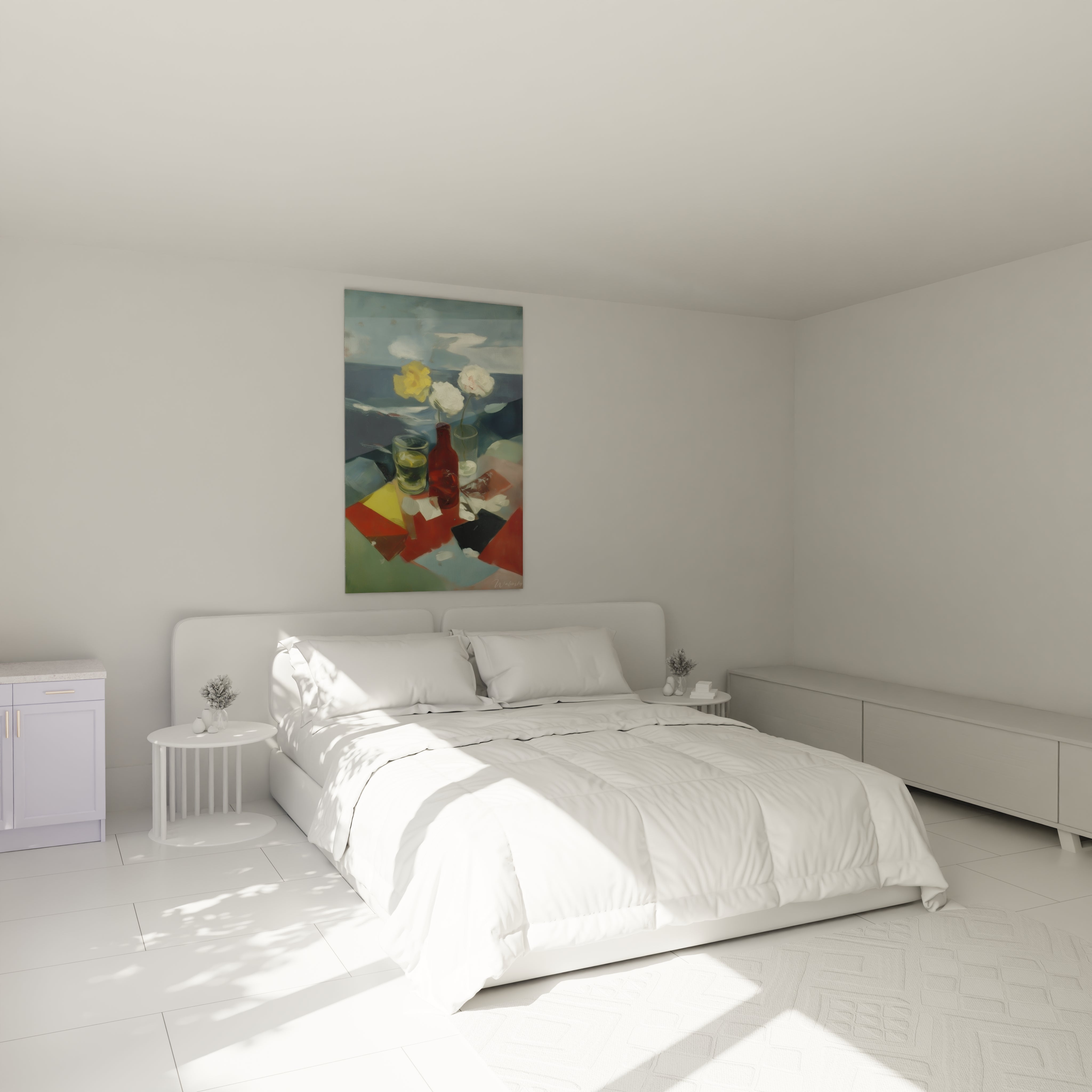 tableau nature morte moderne Walensky accroché au dessus d un lit blanc minimaliste dans une chambre claire et lumineuse