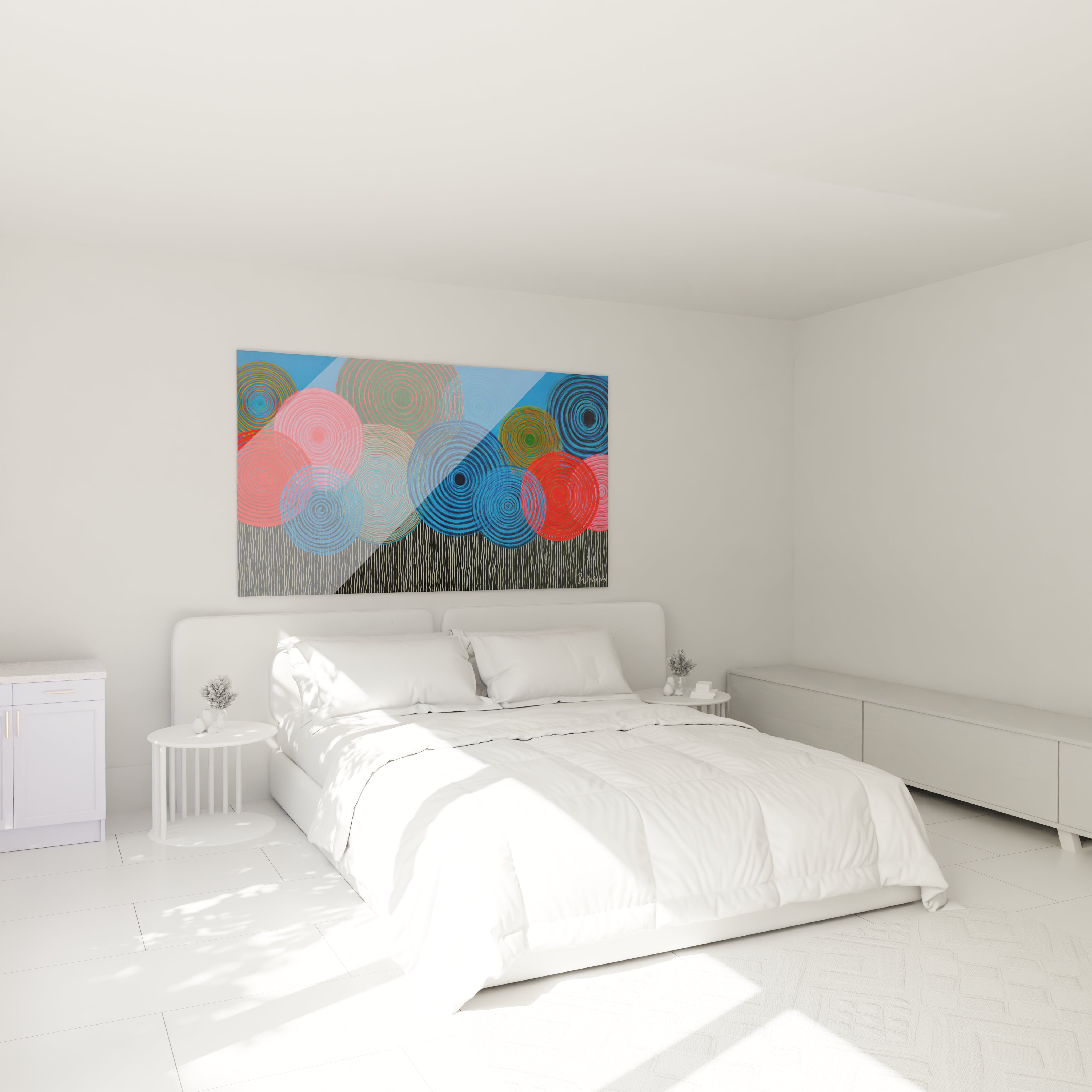 Tableau mural Walensky tableau op art cercles concentriques colores au dessus d un lit blanc dans une chambre moderne