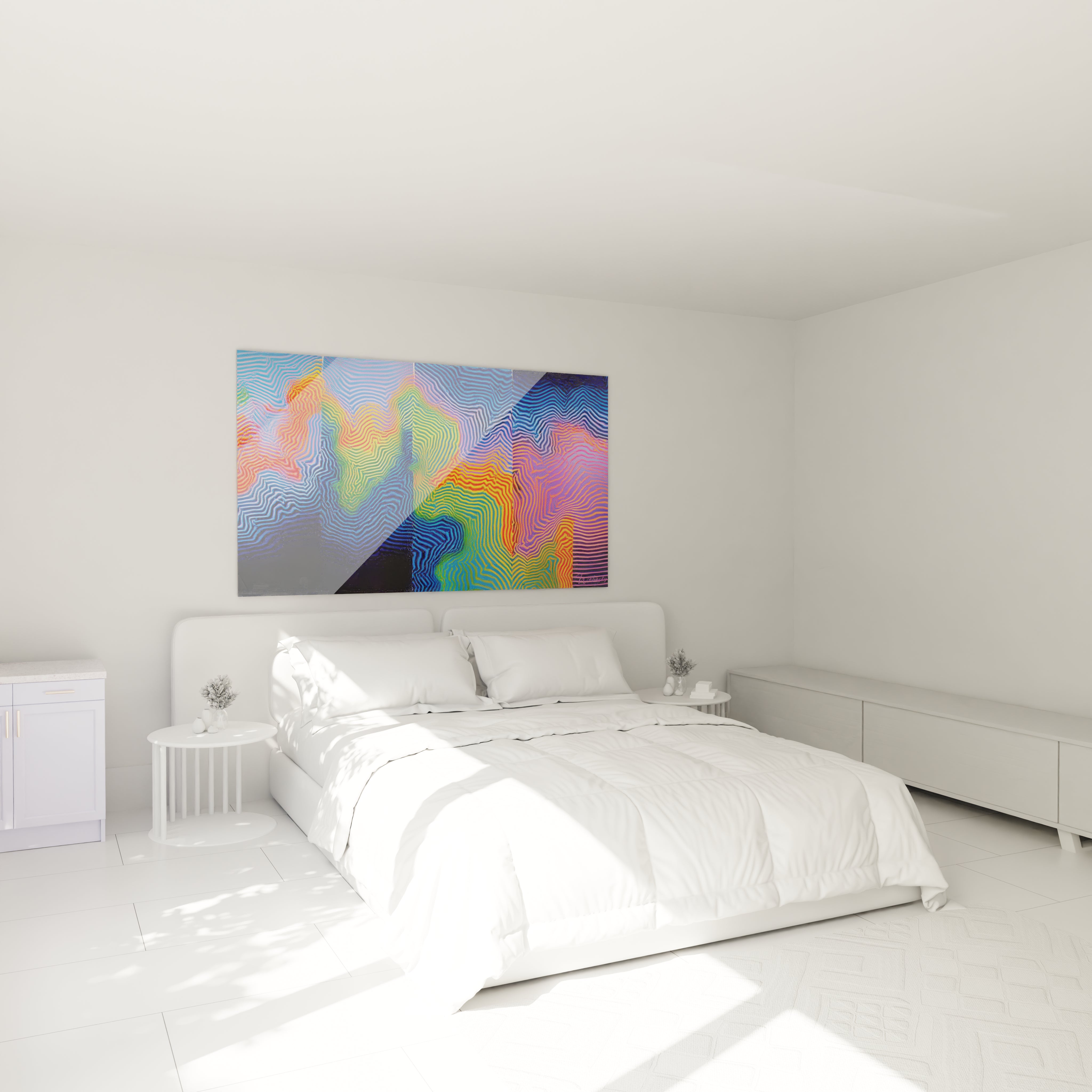 Walensky tableau mural tableau Op Art moderne coloré au dessus du lit blanc dans une chambre minimaliste