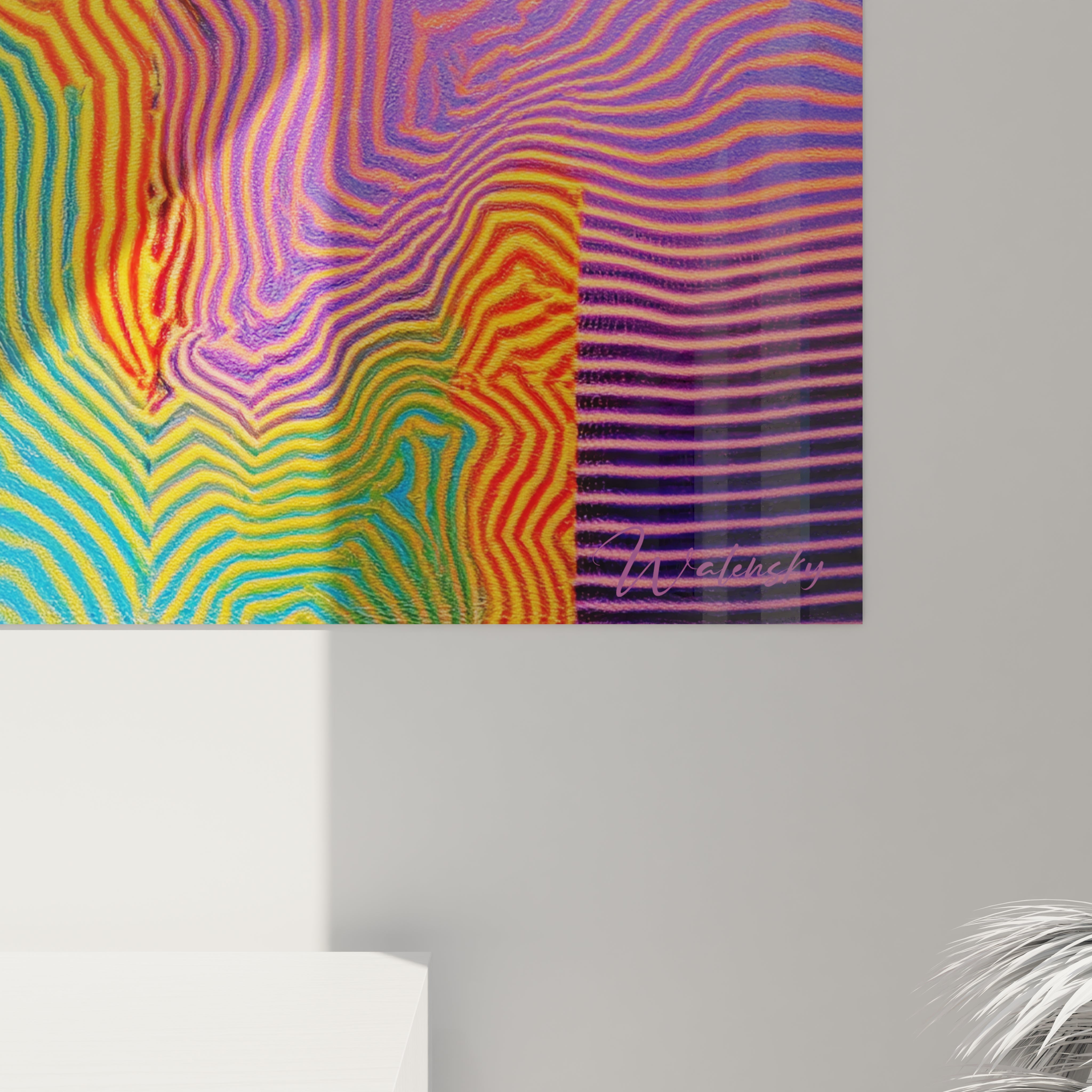 Affichage mural Walensky montrant un tableau Op Art moderne aux vagues optiques multicolores accroché
