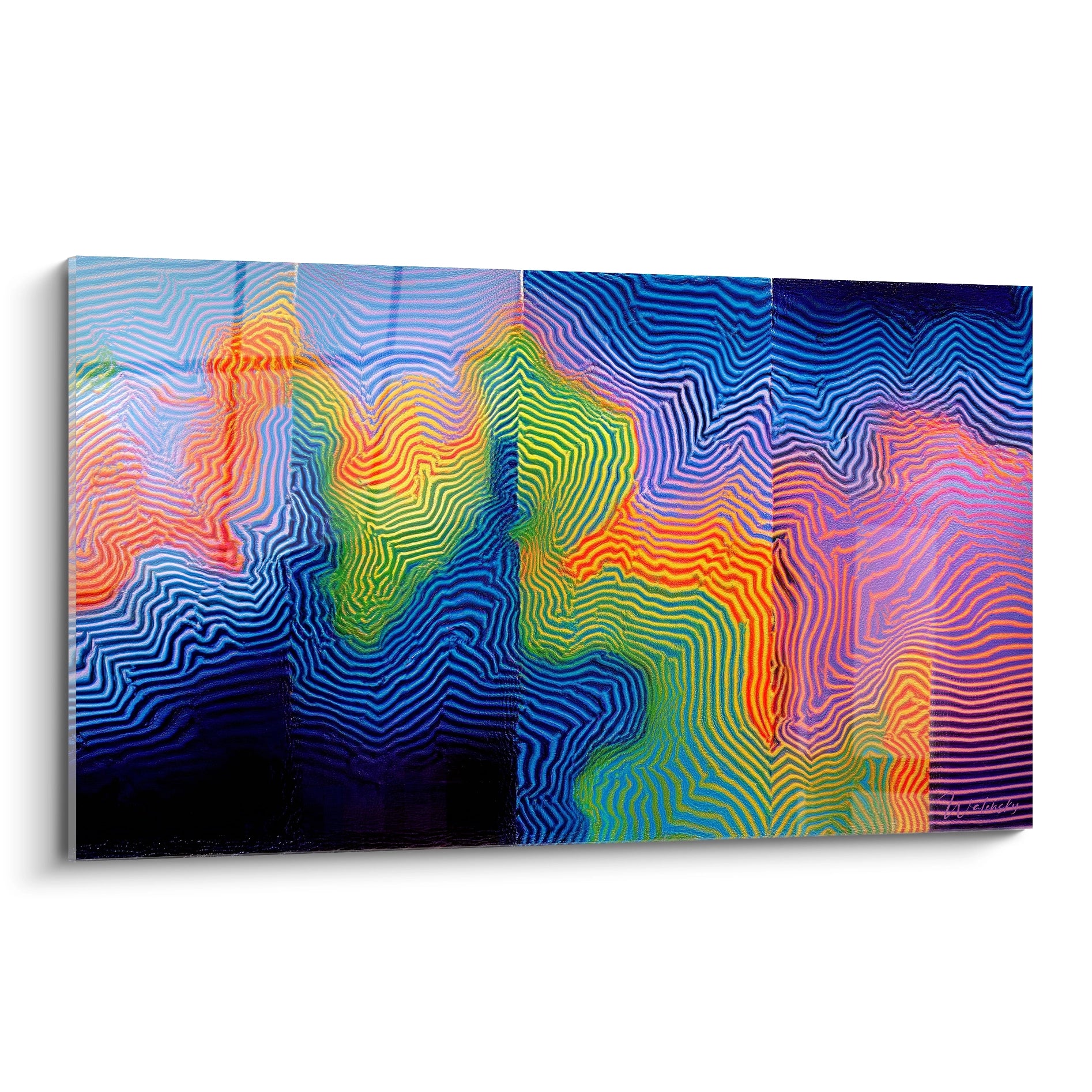 tableau Op Art moderne Walensky grand format avec lignes ondulées colorées et dégradés