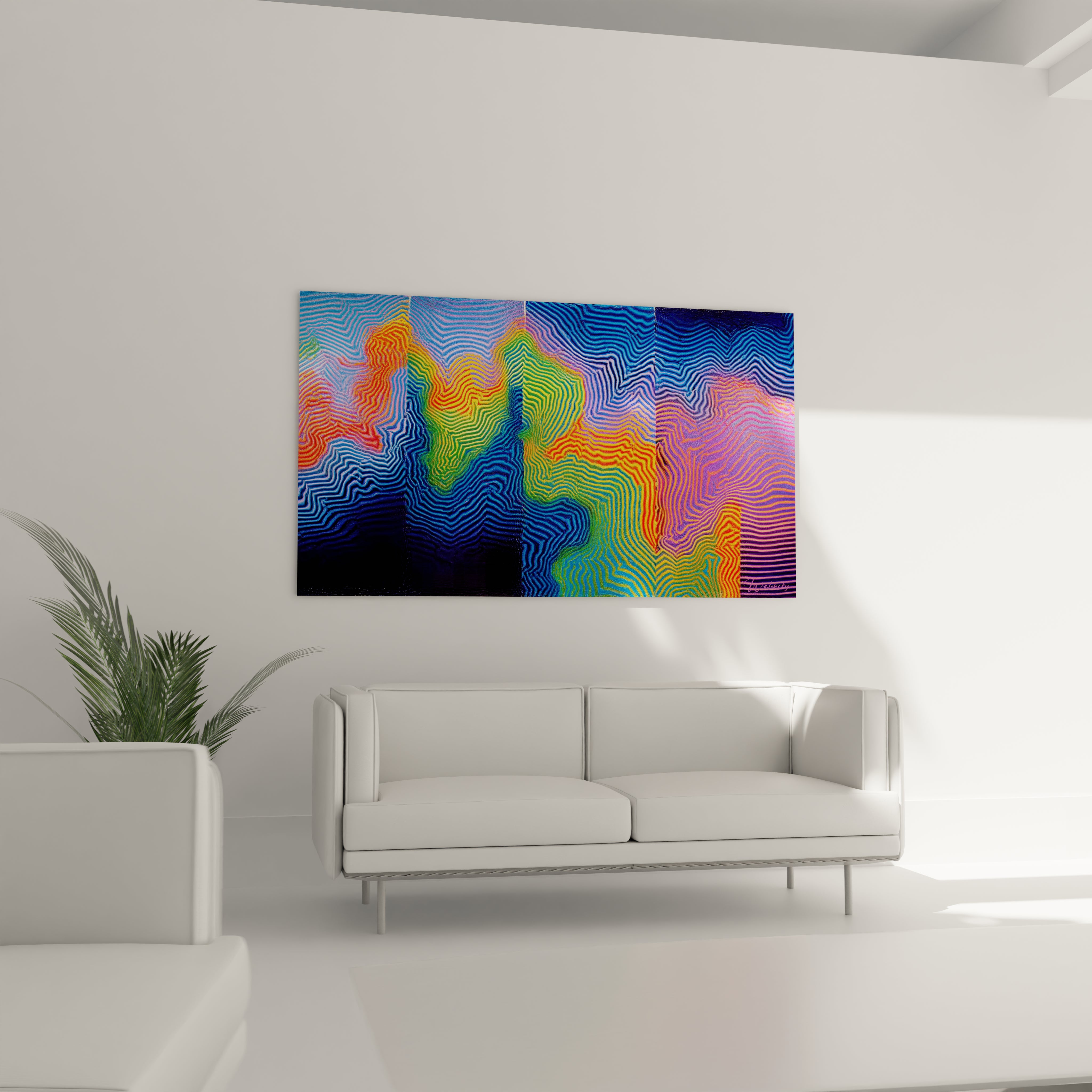 Walensky tableau Op Art moderne coloré à lignes ondulées en panneaux posé au dessus d un canapé blanc