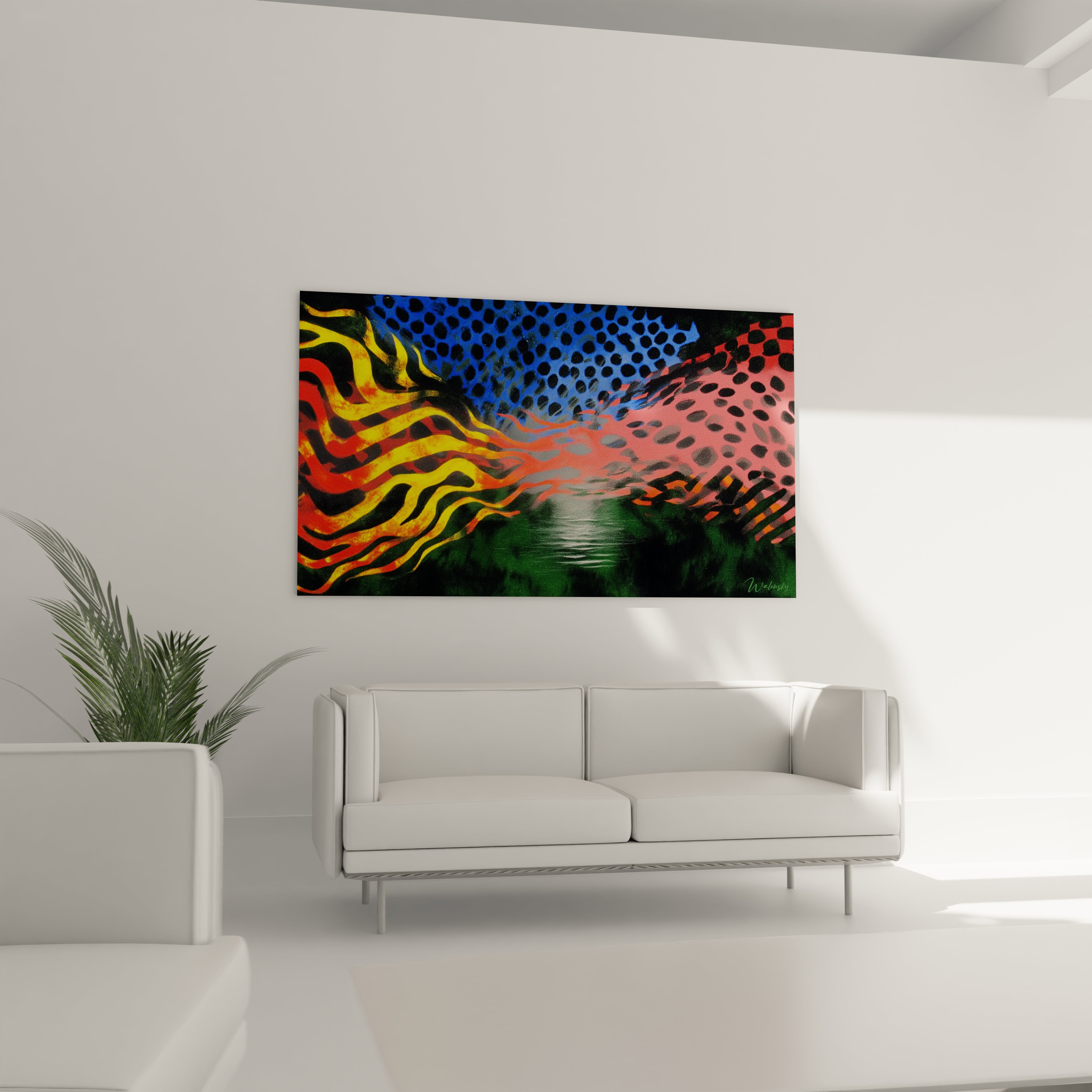 Walensky tableau op art vague cinétique coloré accroché au dessus d un canapé blanc dans un salon minimaliste