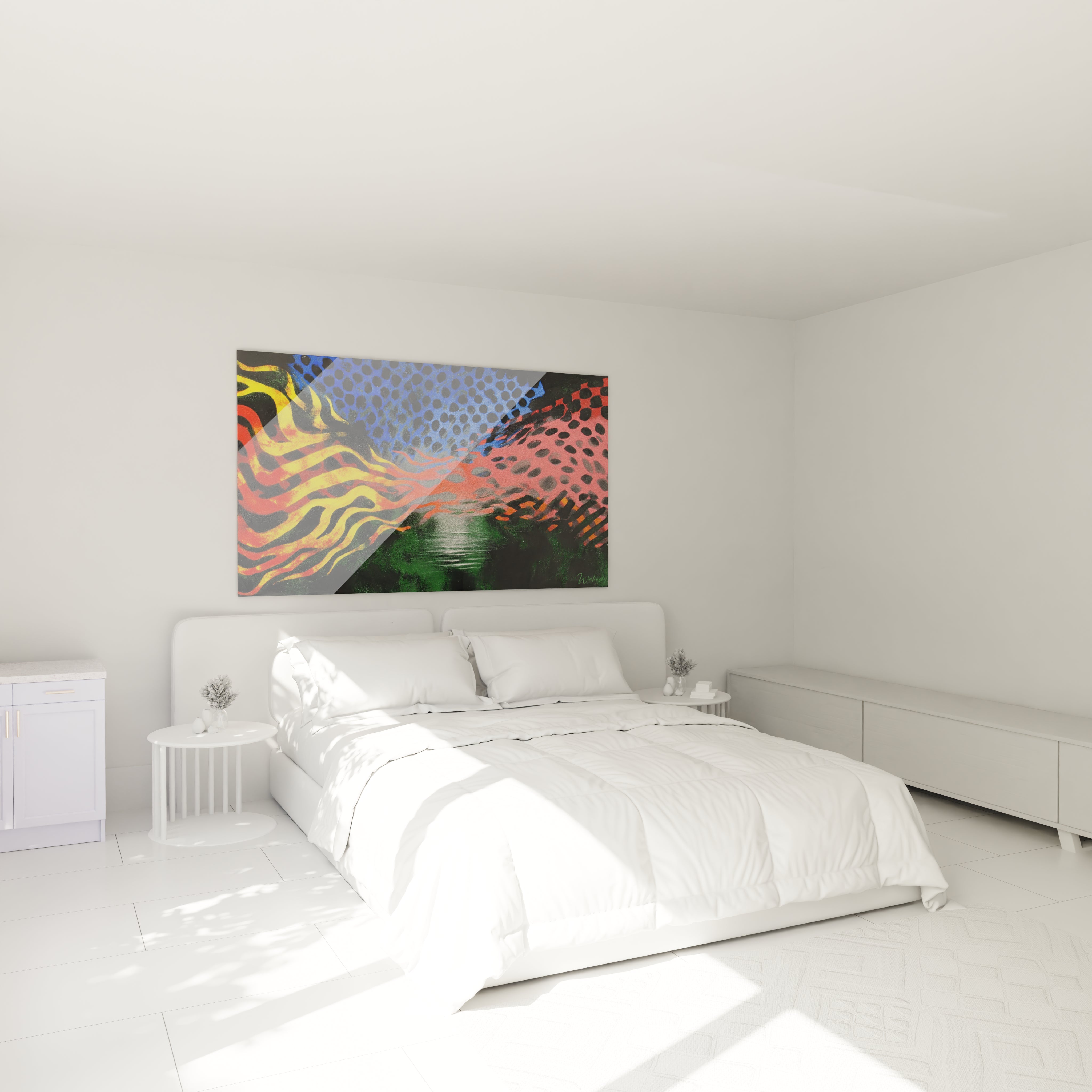 tableau op art vague cinétique Walensky accroché au dessus d un lit blanc dans une chambre minimaliste