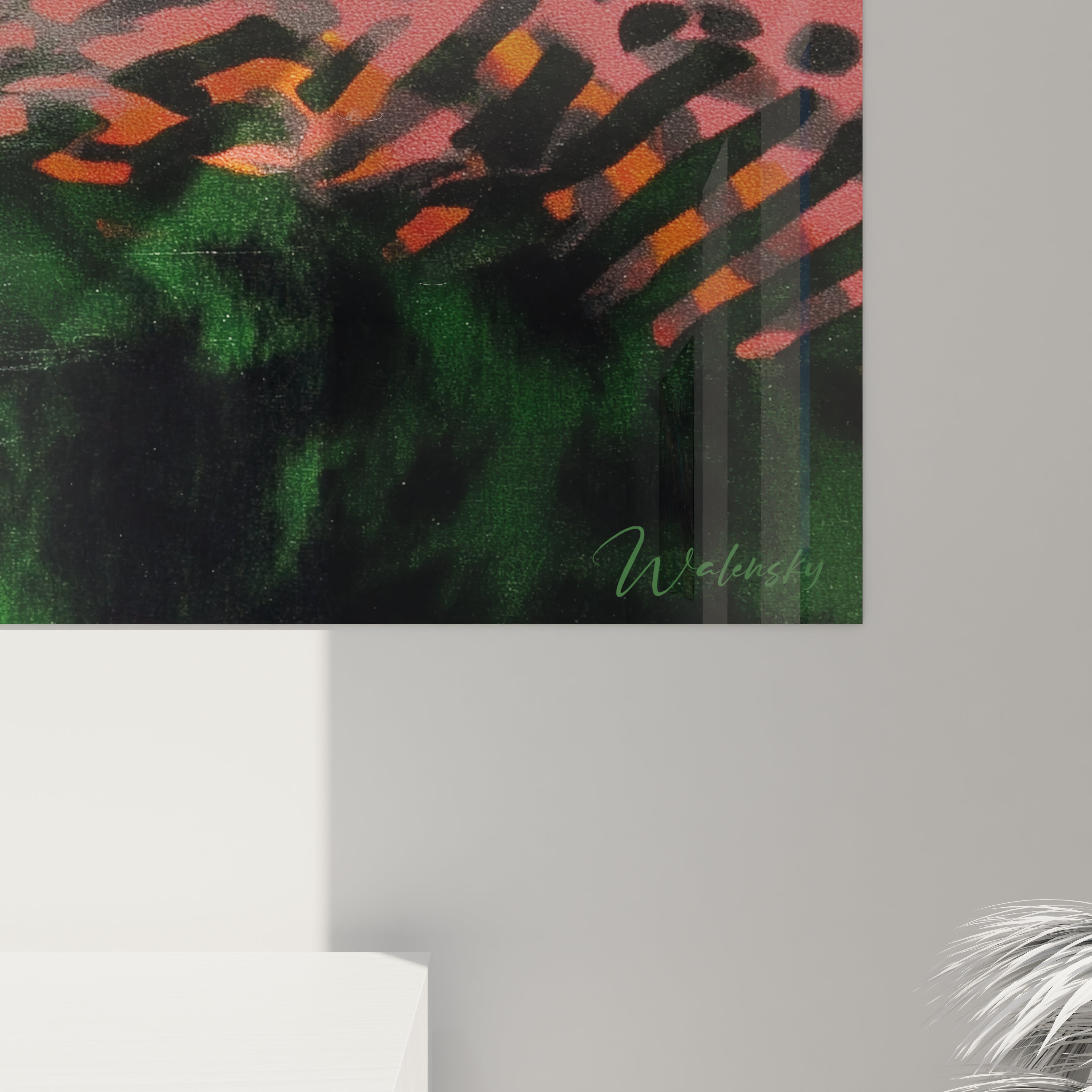 Tableau mural Walensky tableau op art vague cinétique vert foncé avec motifs ondulés orange et rose, signature visible