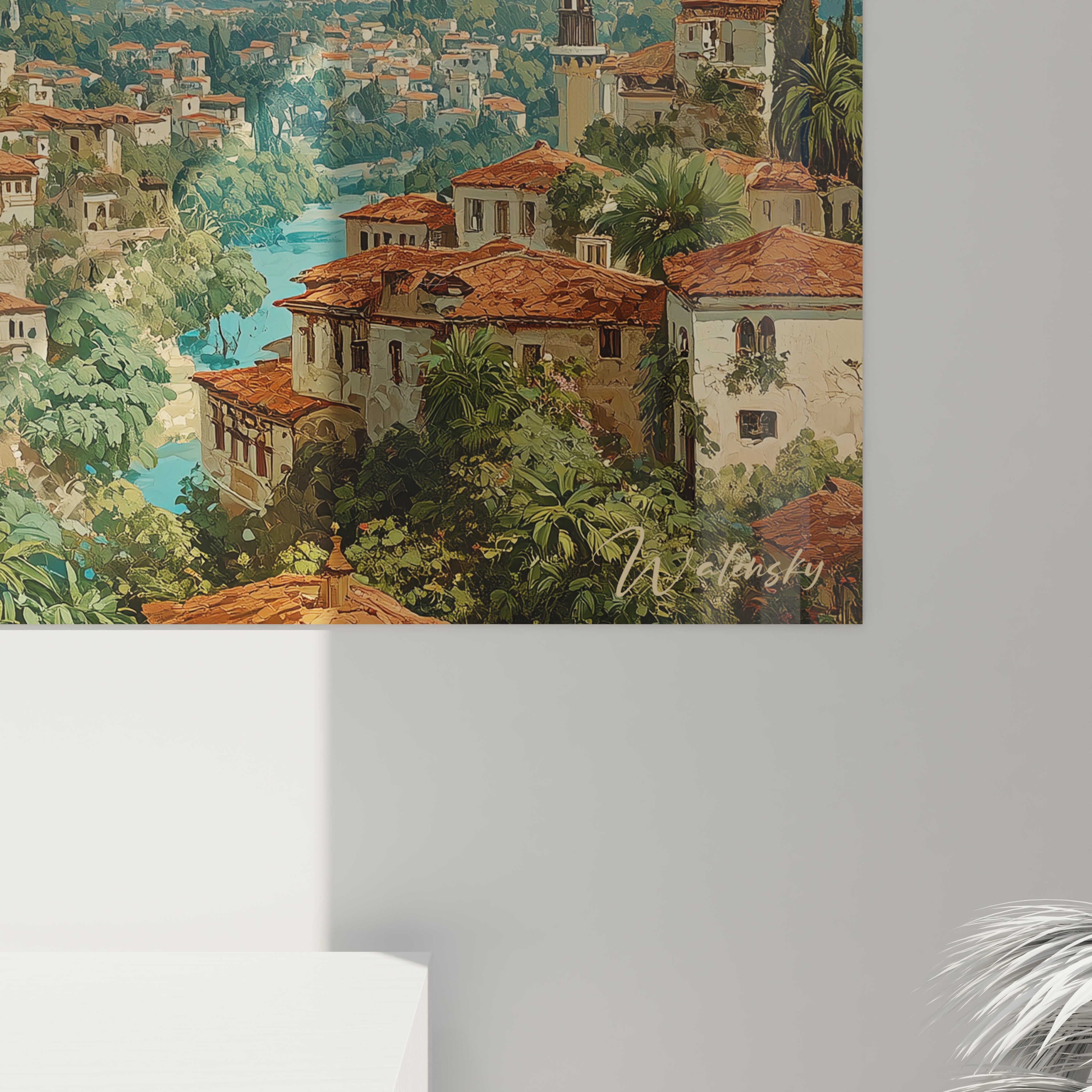 Walensky tableau orientalisme décoration murale représentant village méditerranéen aux toits rouges et végétation luxuriante