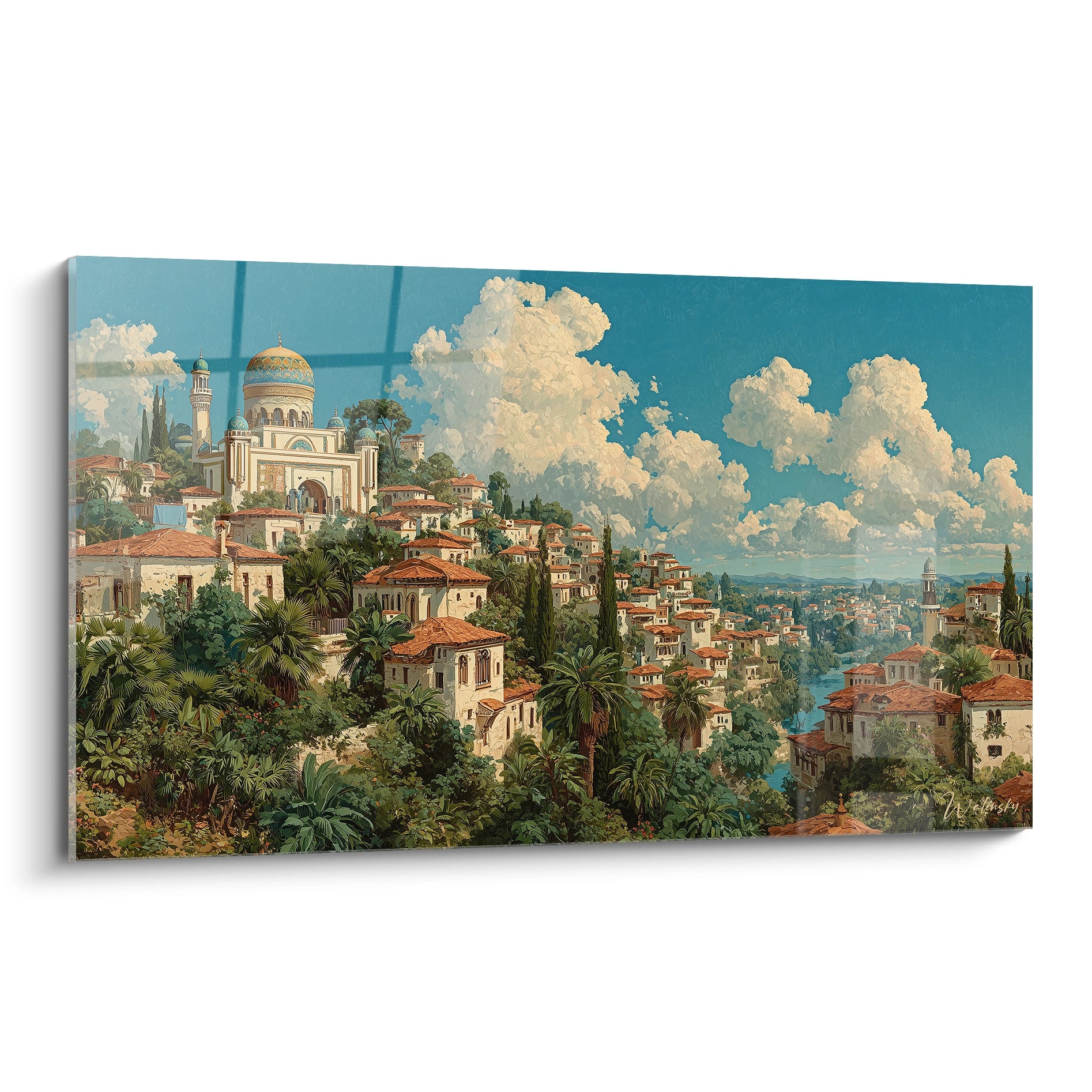 Tableau Walensky village côtier oriental avec mosquée palmiers ciel bleu tableau orientalisme décoration murale