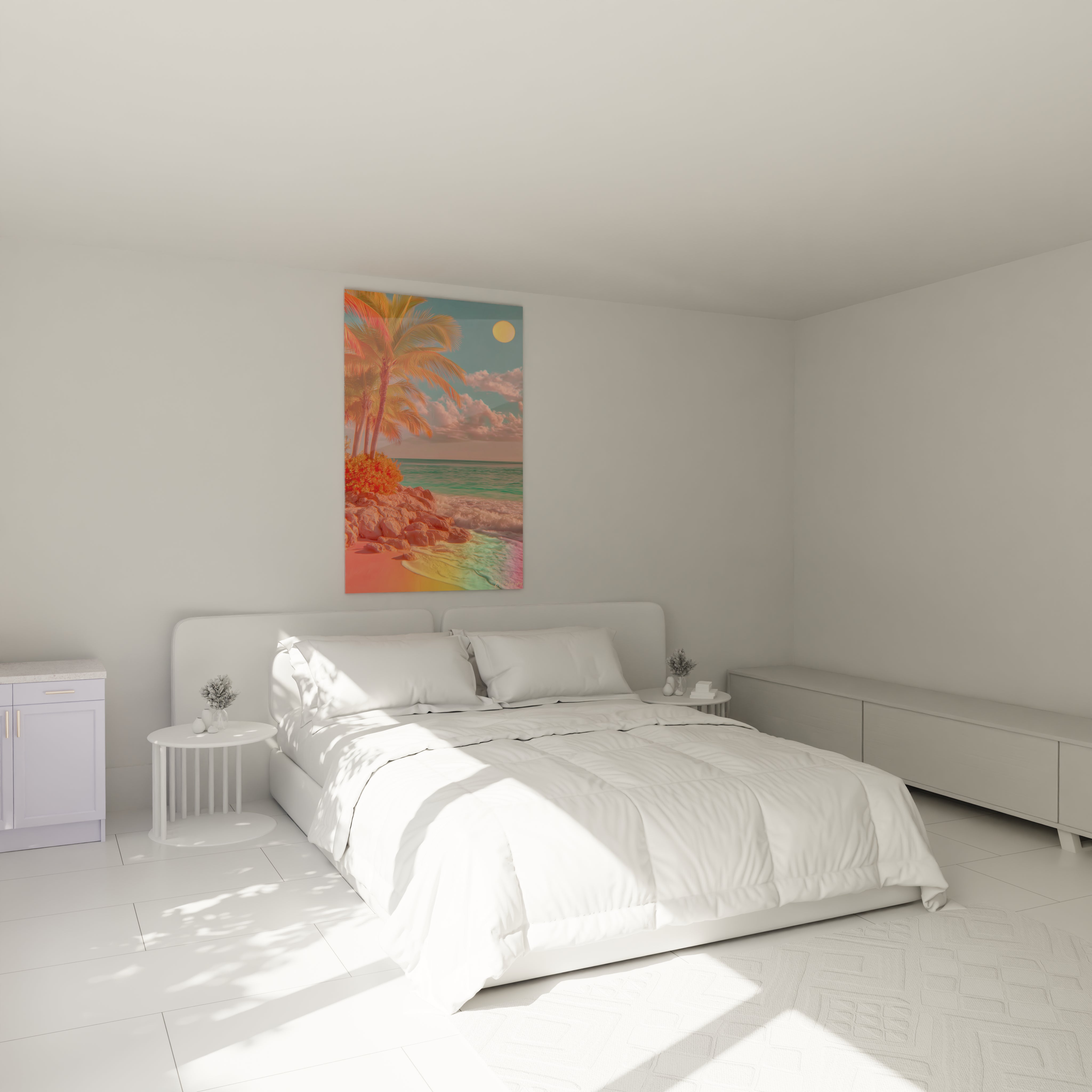 tableau palmier rétro Walensky accroché au dessus d un lit blanc lumineux dans une chambre minimaliste
