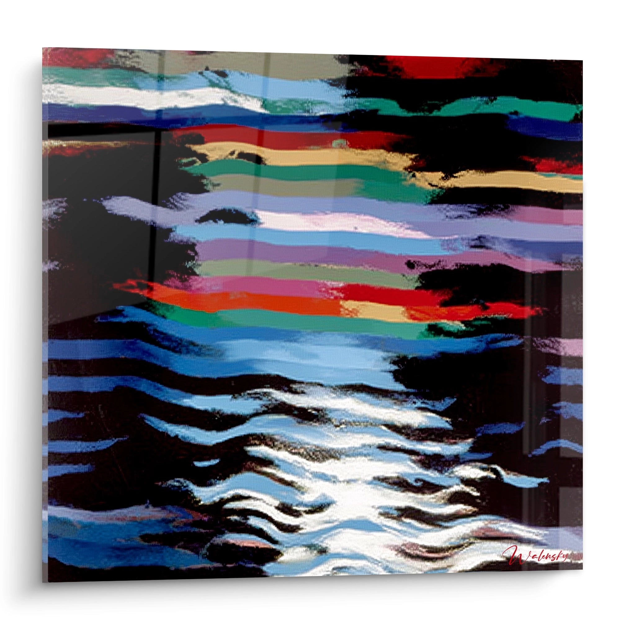 tableau paysage abstrait moderne Walensky mural multicolore à bandes horizontales ondulées effet vitrage brillant